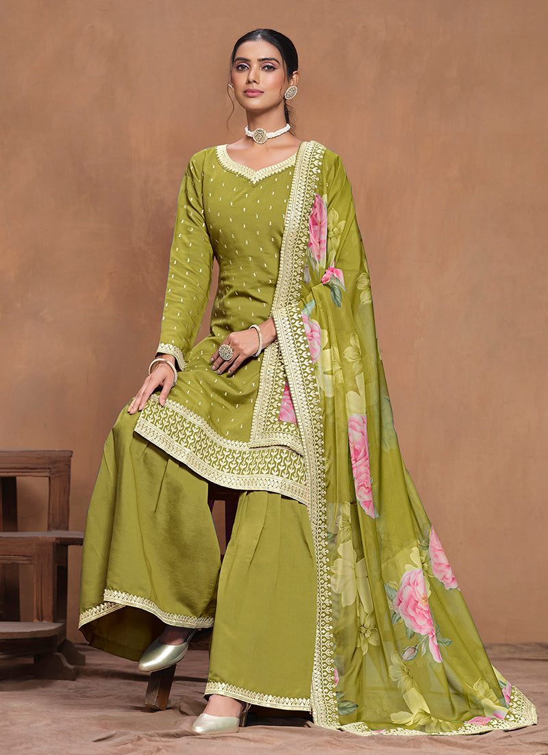 Olive Silk Embroidered Trendy Palazzo Salwar Kameez
