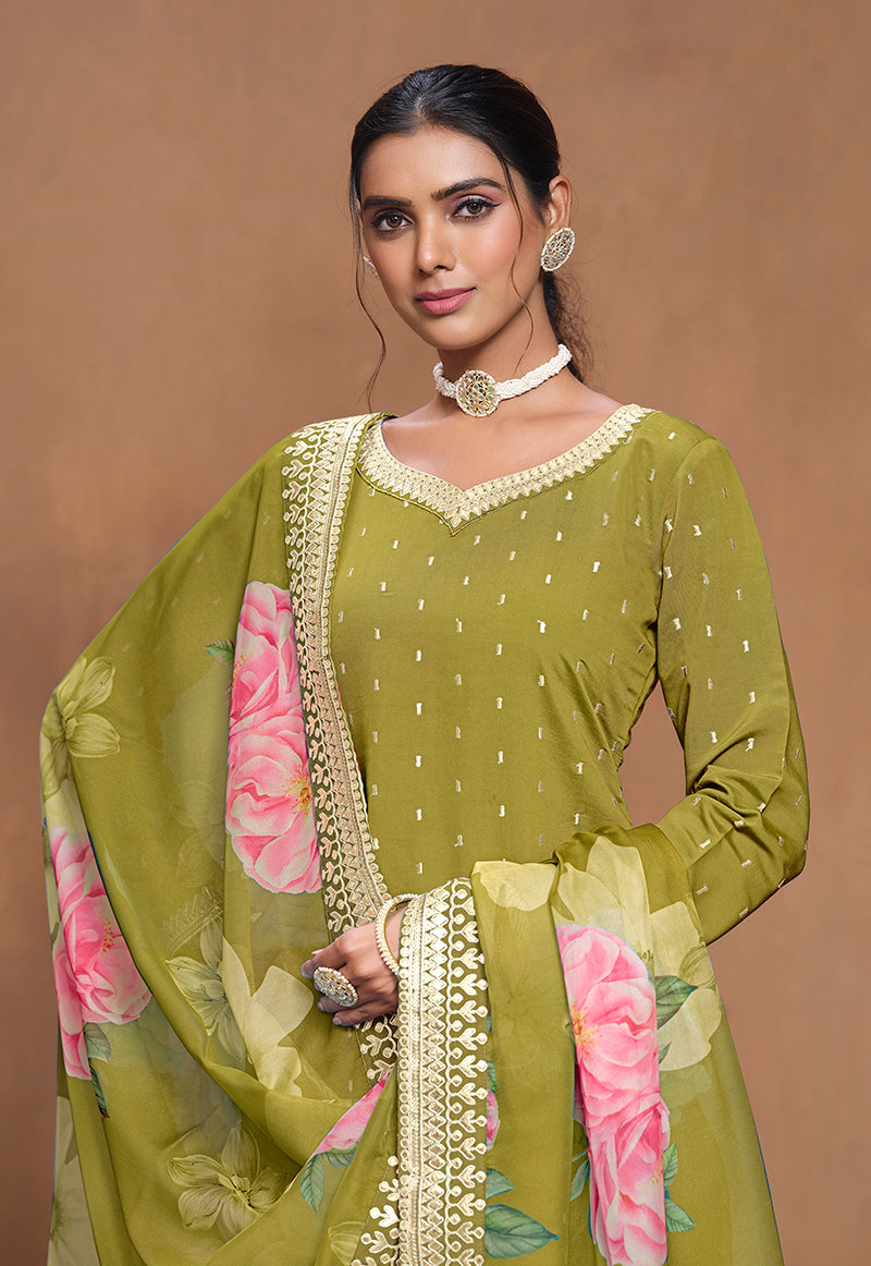 Olive Silk Embroidered Trendy Palazzo Salwar Kameez