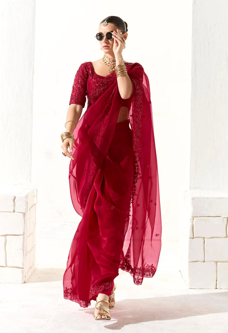 Red Tissue Silk Saree Featuring Intricate Sequins Work