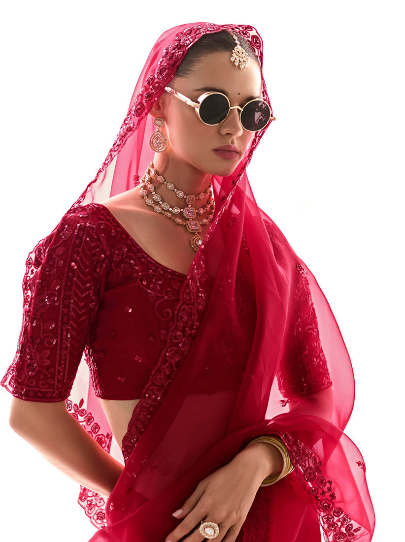 Red Tissue Silk Saree Featuring Intricate Sequins Work
