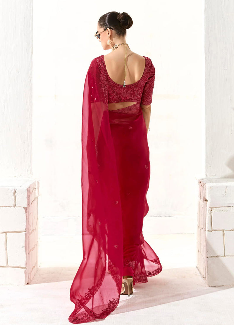 Red Tissue Silk Saree Featuring Intricate Sequins Work