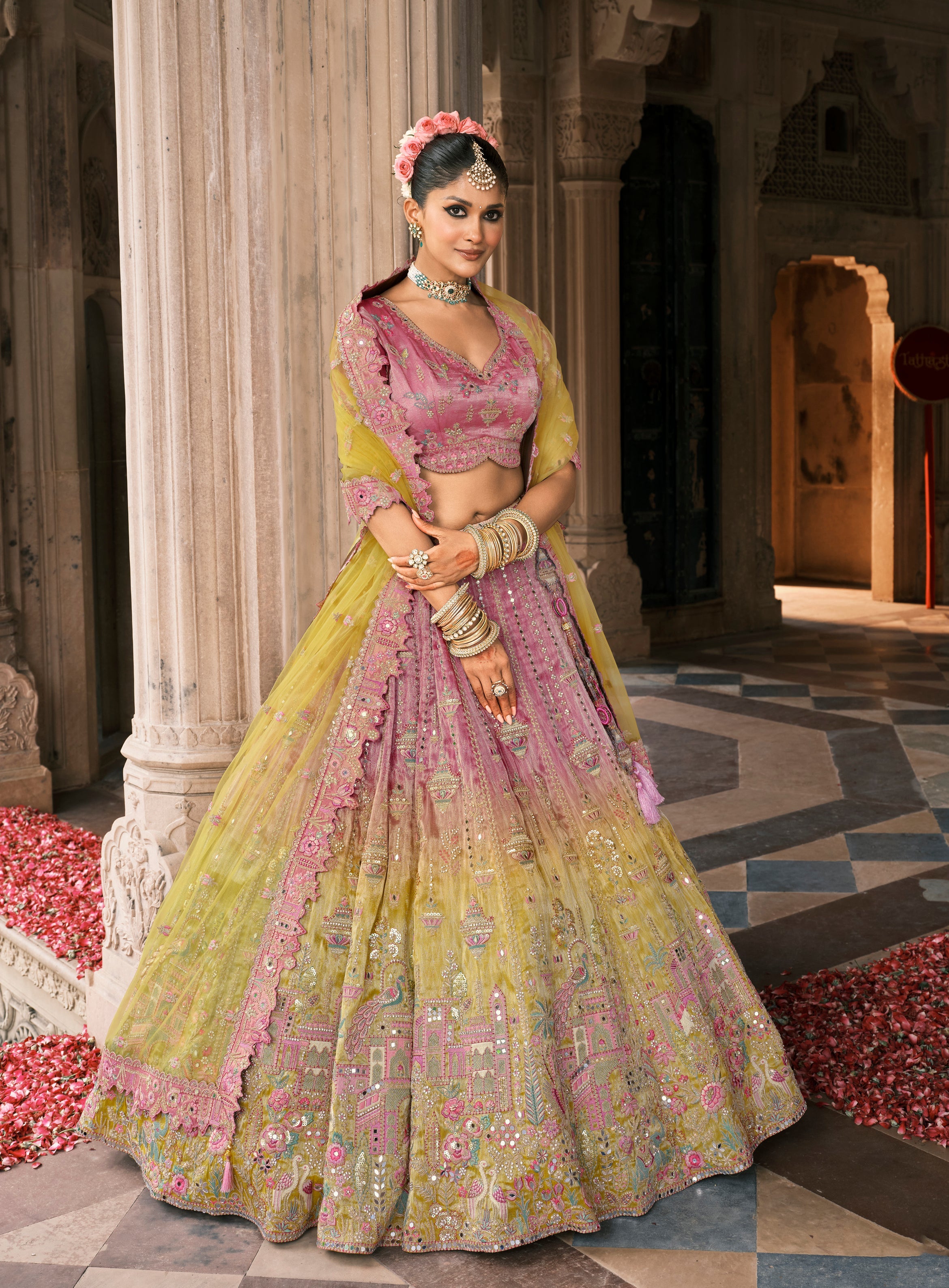 Onion Pink And Green Silk Bridal Lehenga With Mirror And Resham Embroidery
