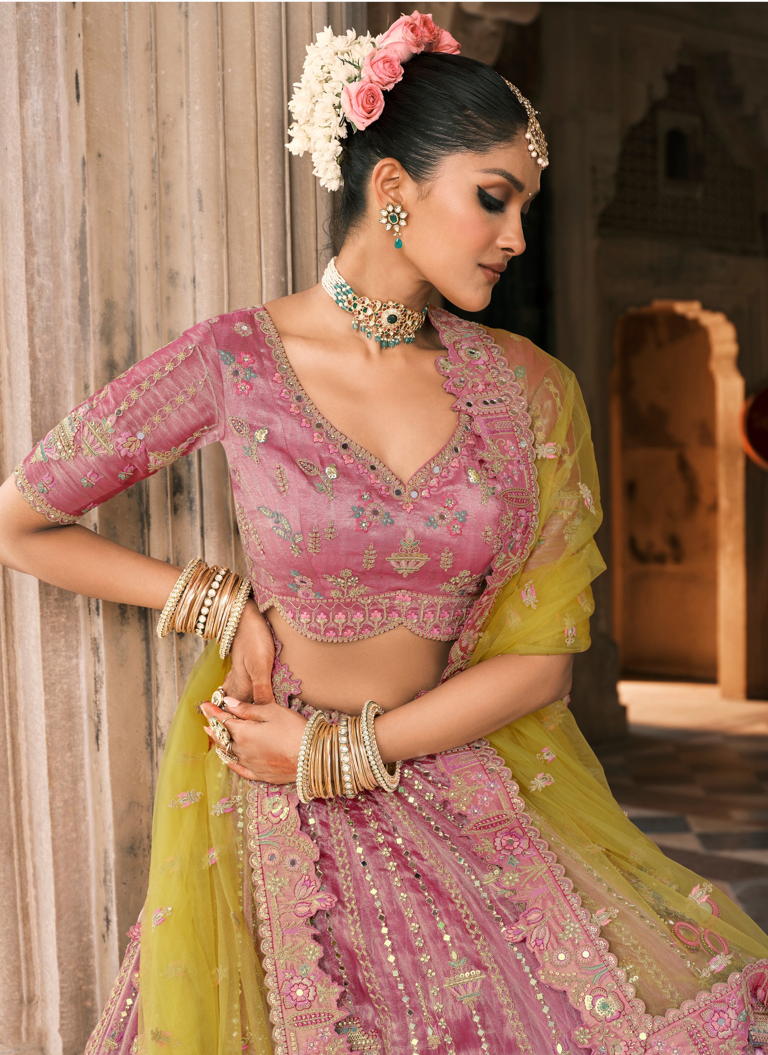 Onion Pink And Green Silk Bridal Lehenga With Mirror And Resham Embroidery