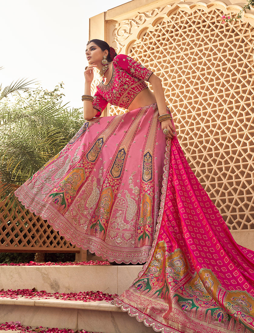 Onion Pink Banarasi Silk Wedding Wear Lehenga With Embroidery Work