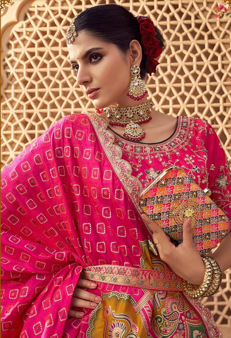 Onion Pink Banarasi Silk Wedding Wear Lehenga With Embroidery Work