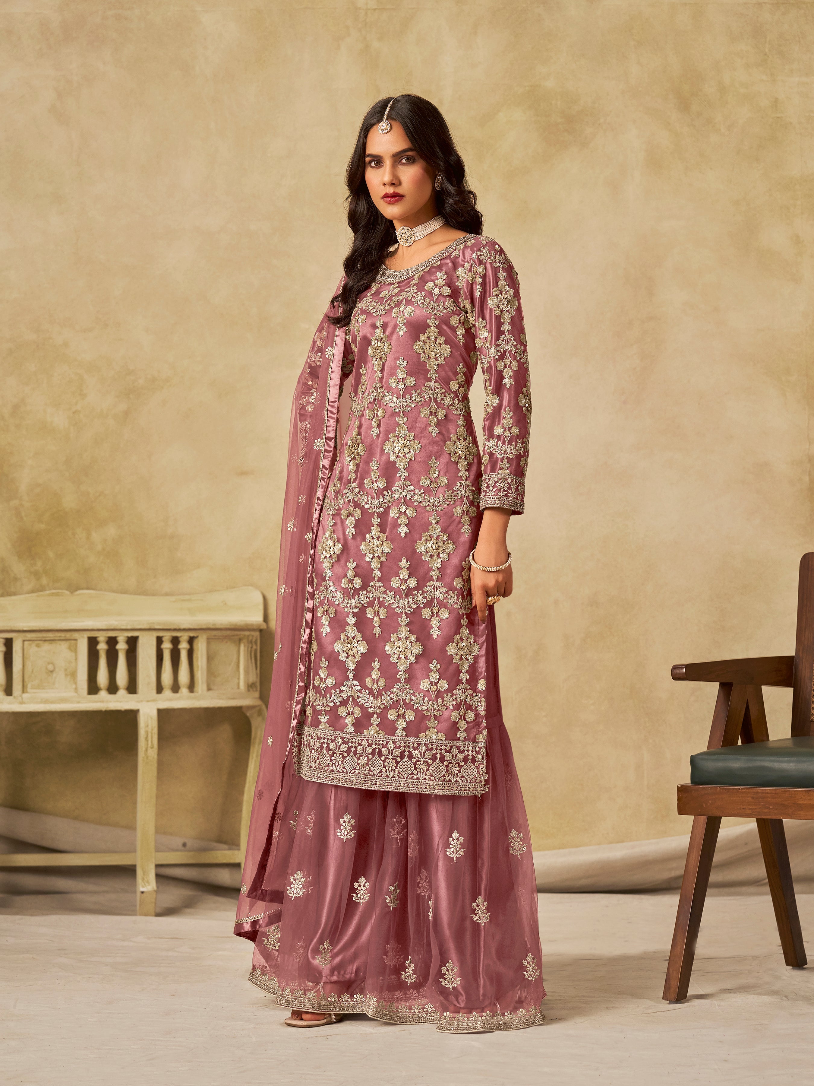 Onion Pink Embroidered Sequins Work Net Palazzo Salwar Kameez