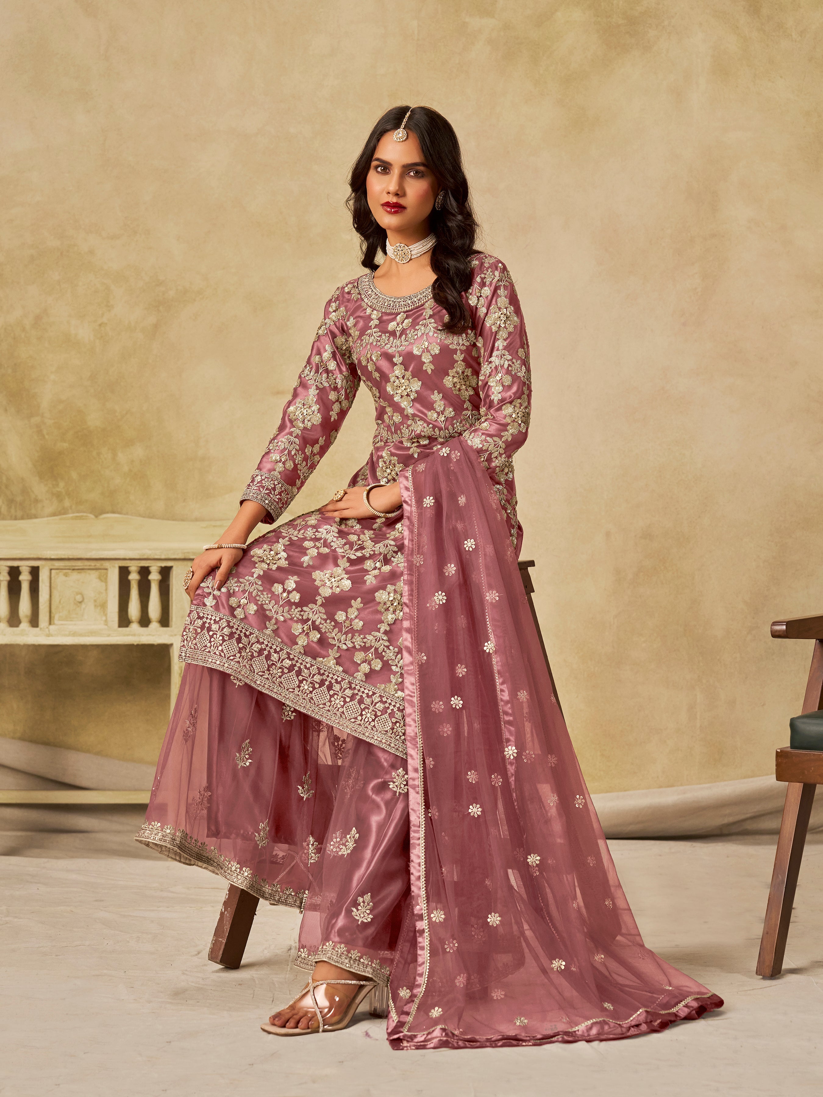 Onion Pink Embroidered Sequins Work Net Palazzo Salwar Kameez
