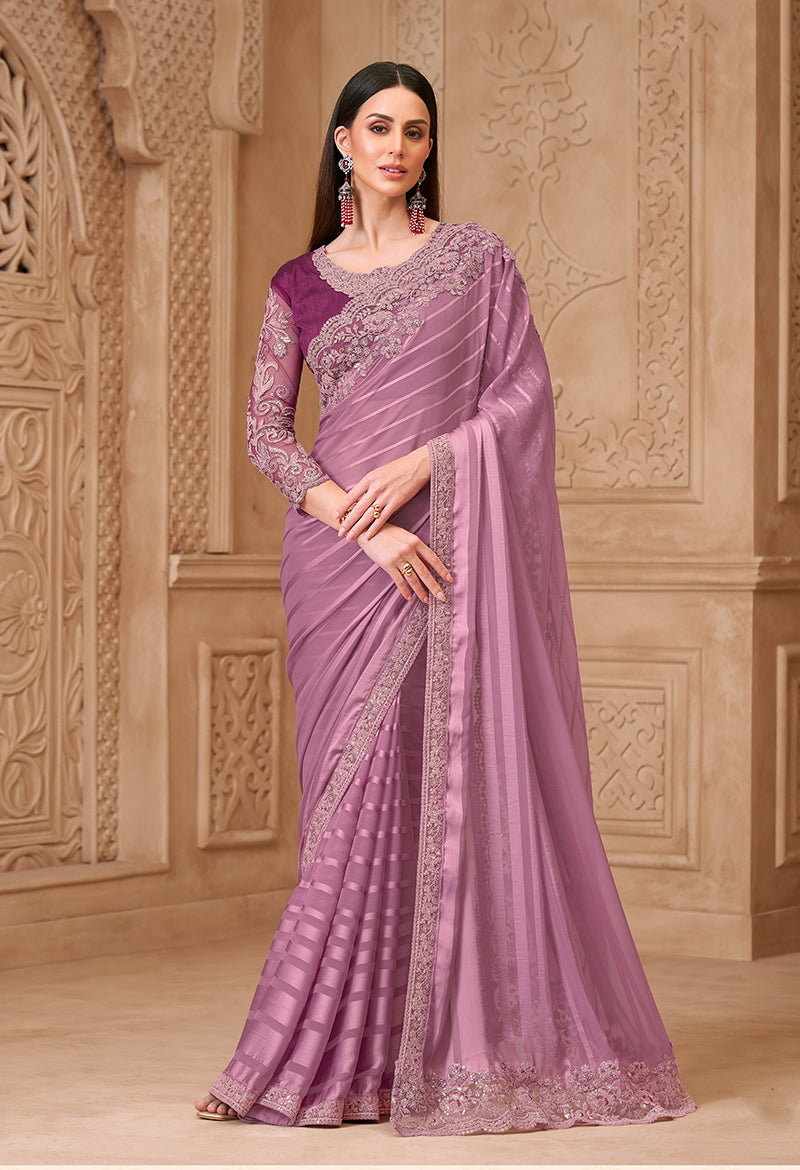 Onion Pink Satin Georgette Embroidered Border Fancy Designer Saree