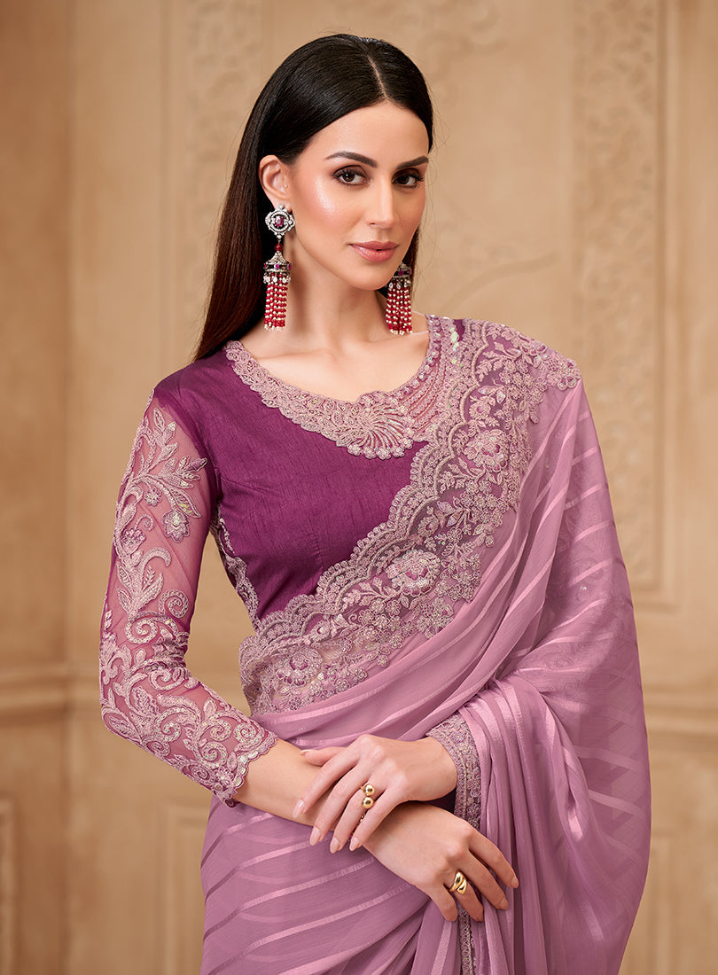 Onion Pink Satin Georgette Embroidered Border Fancy Designer Saree