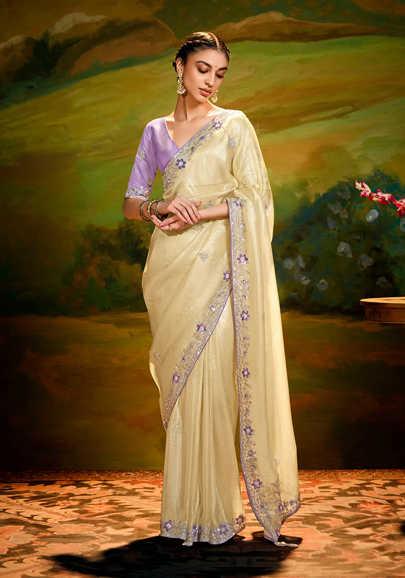 Light Yellow Tissue Silk Designer Sequins Work Party Wear Saree