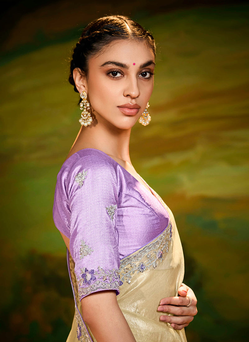 Light Yellow Tissue Silk Designer Sequins Work Party Wear Saree