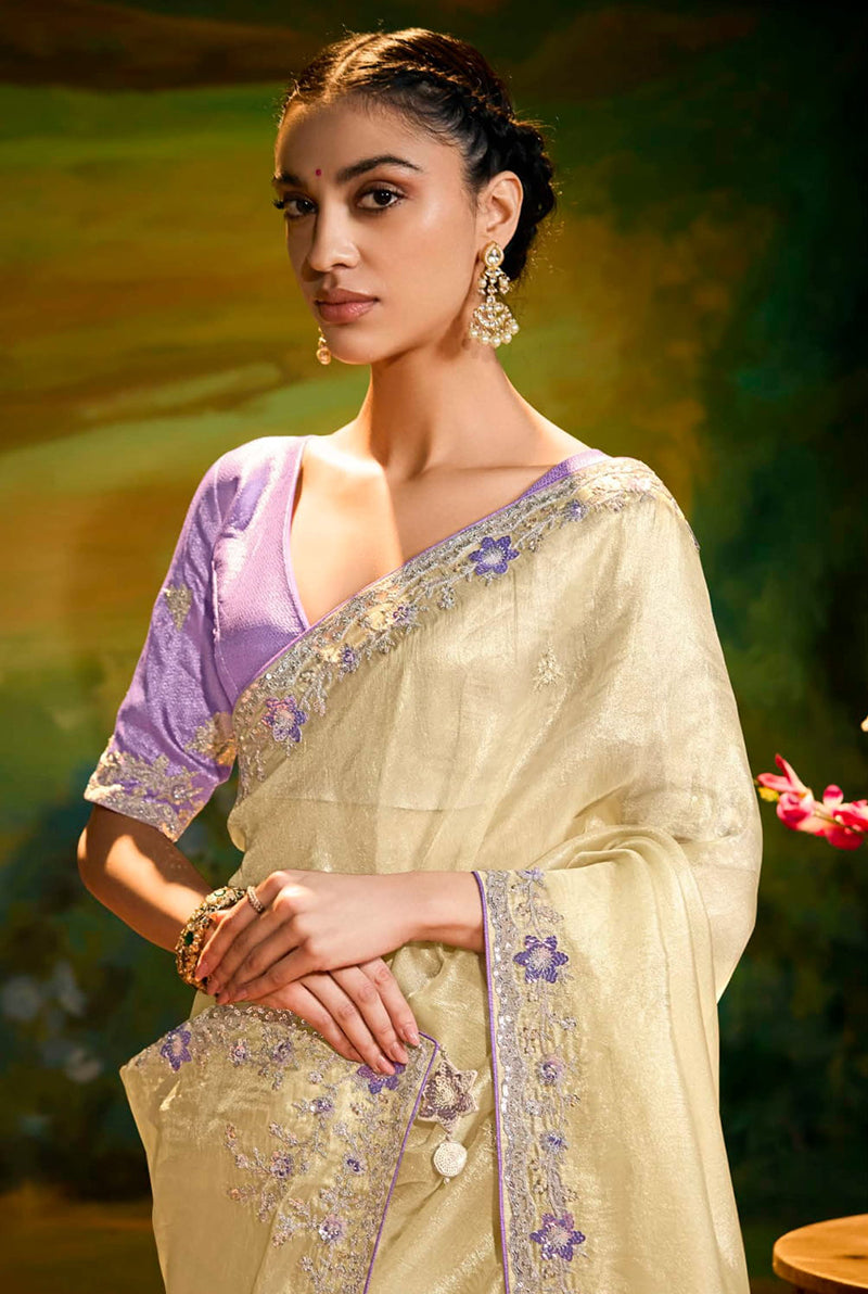Light Yellow Tissue Silk Designer Sequins Work Party Wear Saree