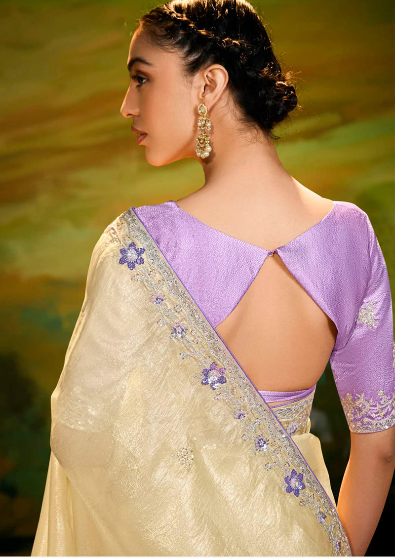 Light Yellow Tissue Silk Designer Sequins Work Party Wear Saree