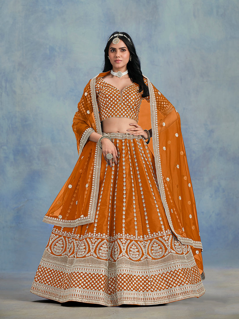 Orange Art Silk Thread Embroidered Lehenga Choli