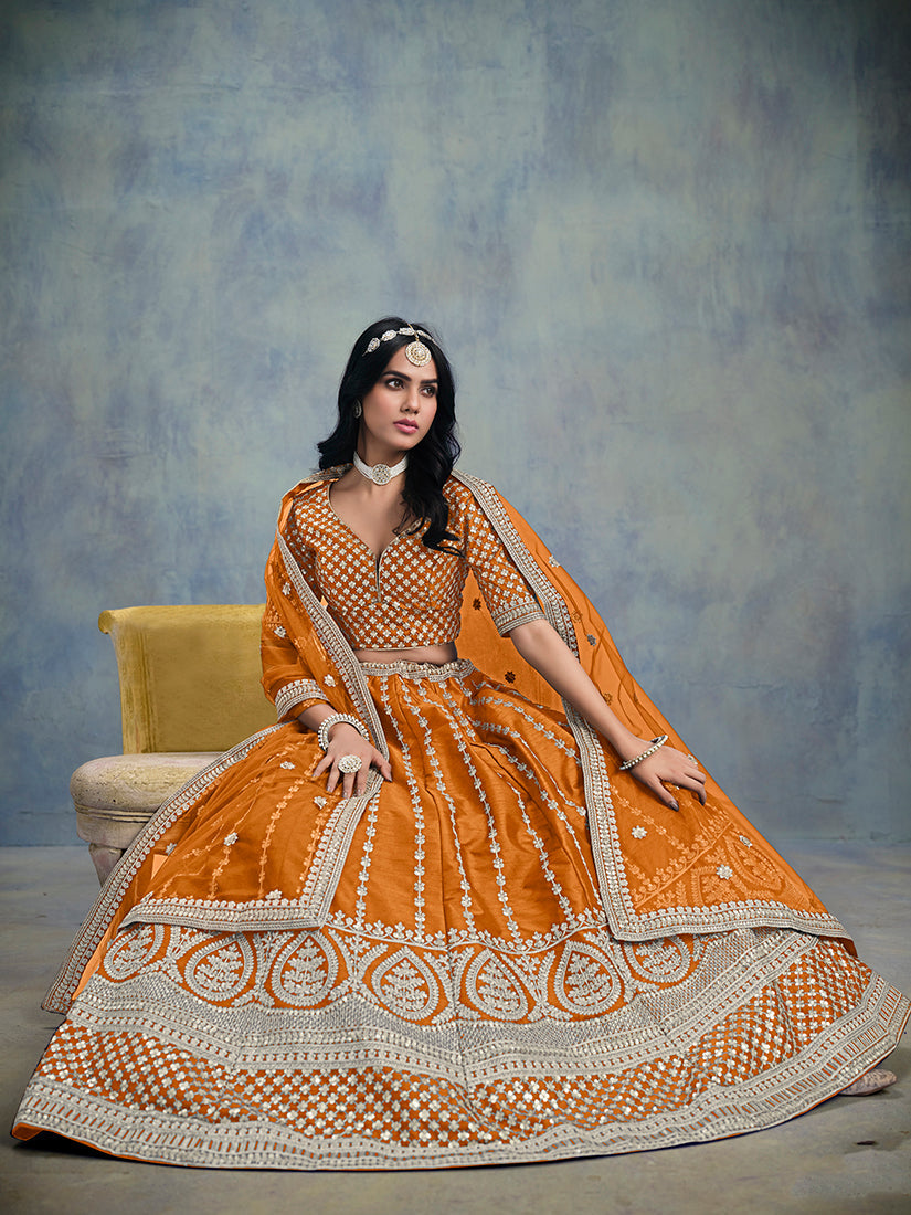 Orange Art Silk Thread Embroidered Lehenga Choli