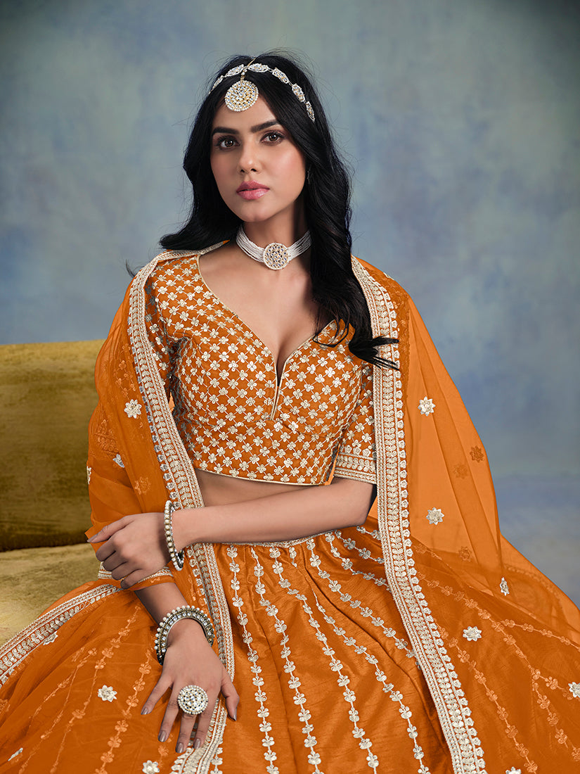 Orange Art Silk Thread Embroidered Lehenga Choli