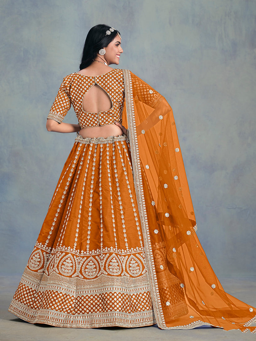 Orange Art Silk Thread Embroidered Lehenga Choli