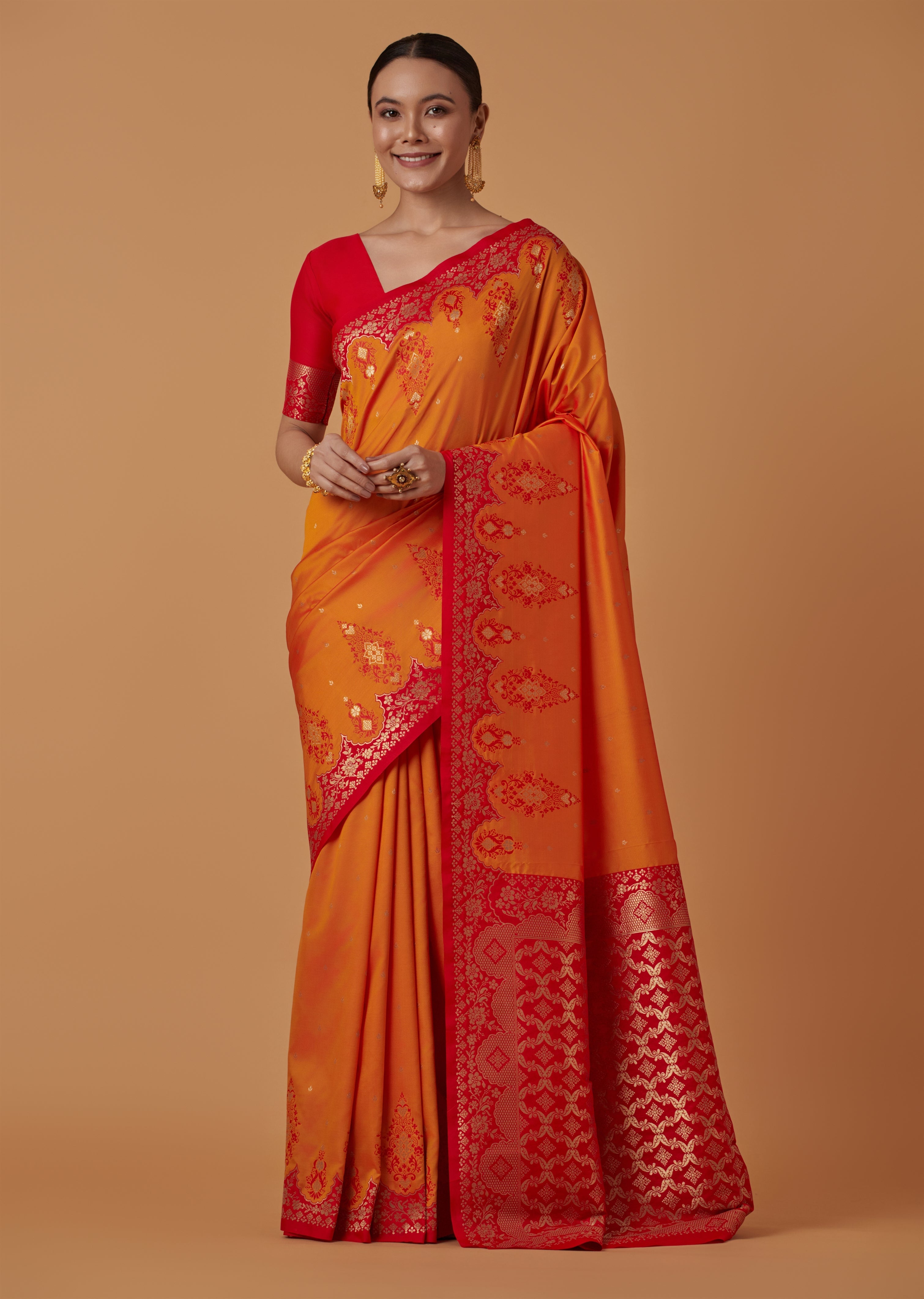 Orange Banarasi Silk Blend Zari Woven Contemporary Saree
