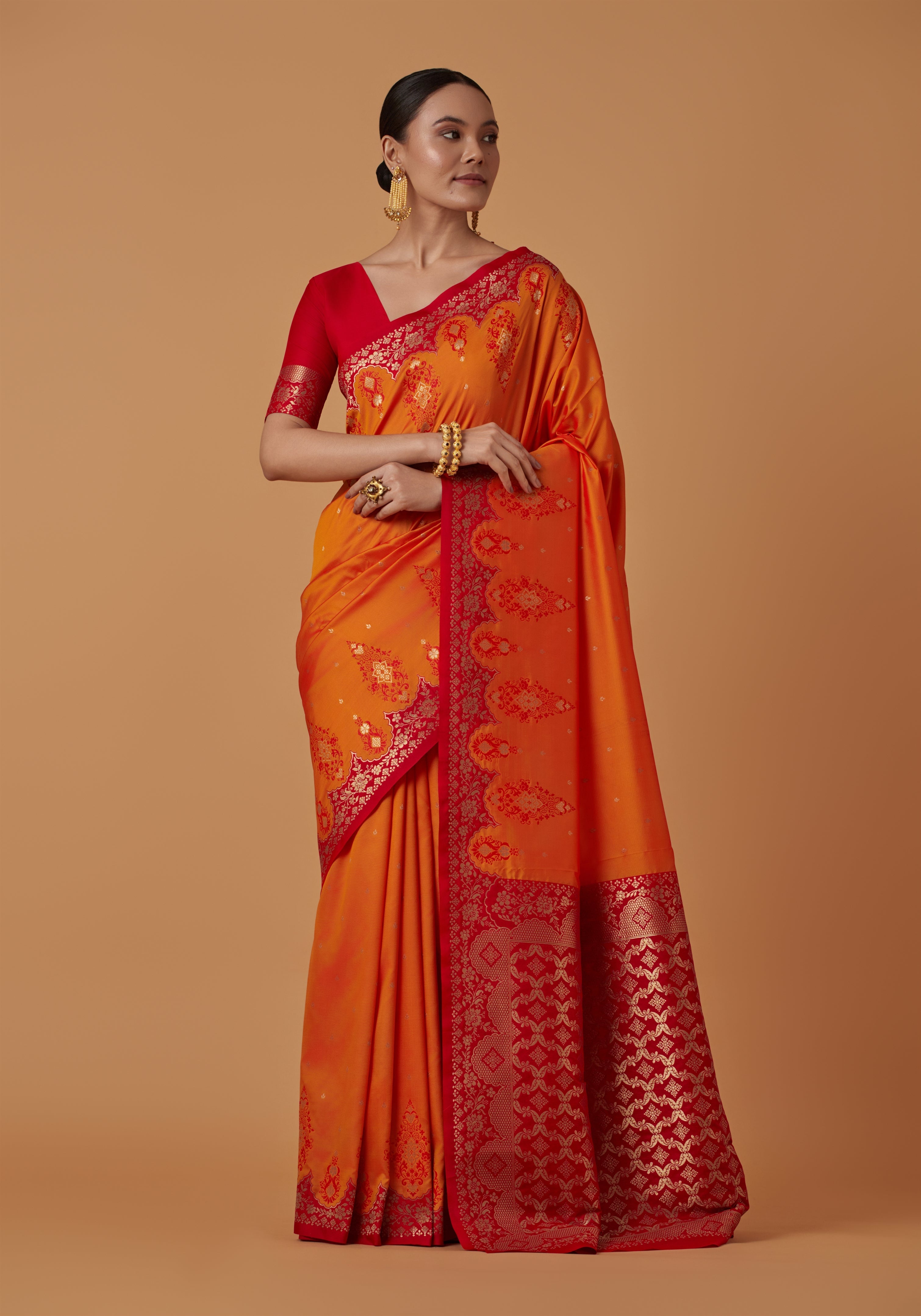 Orange Banarasi Silk Blend Zari Woven Contemporary Saree
