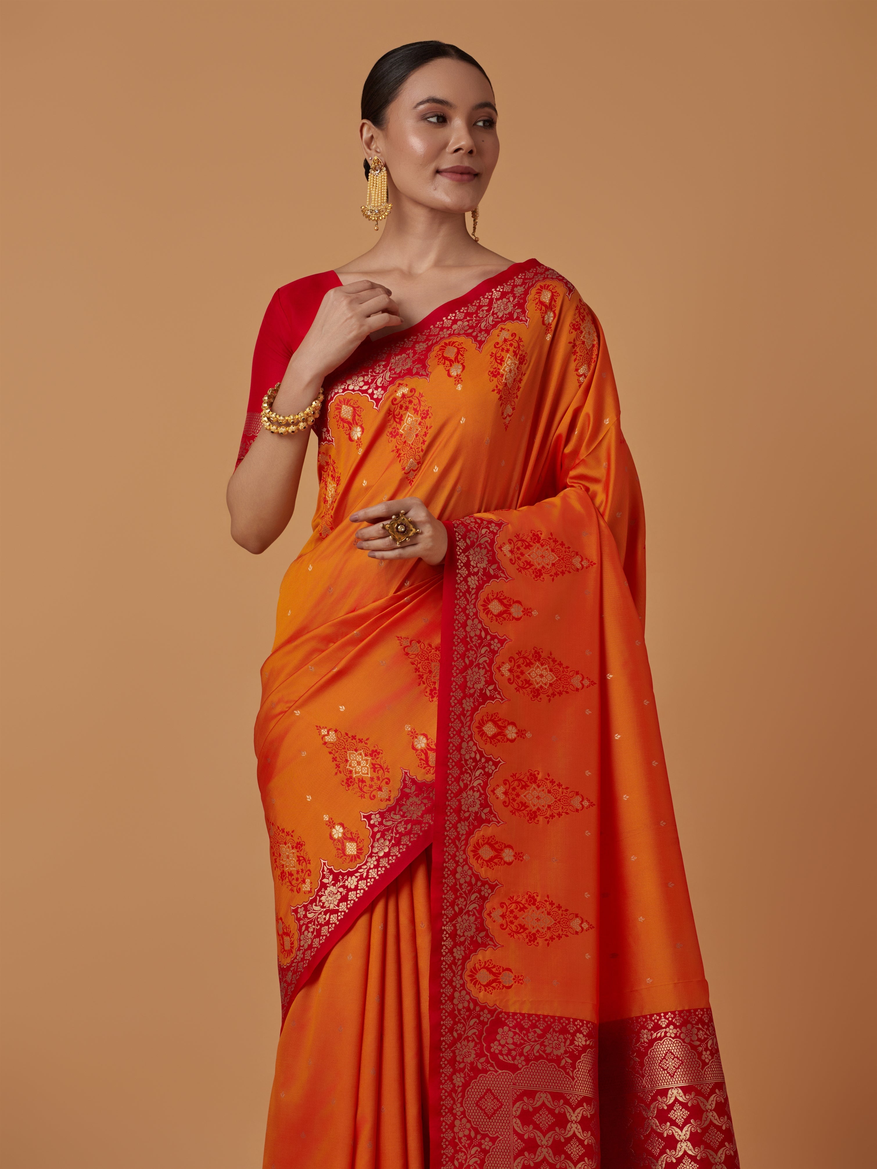 Orange Banarasi Silk Blend Zari Woven Contemporary Saree