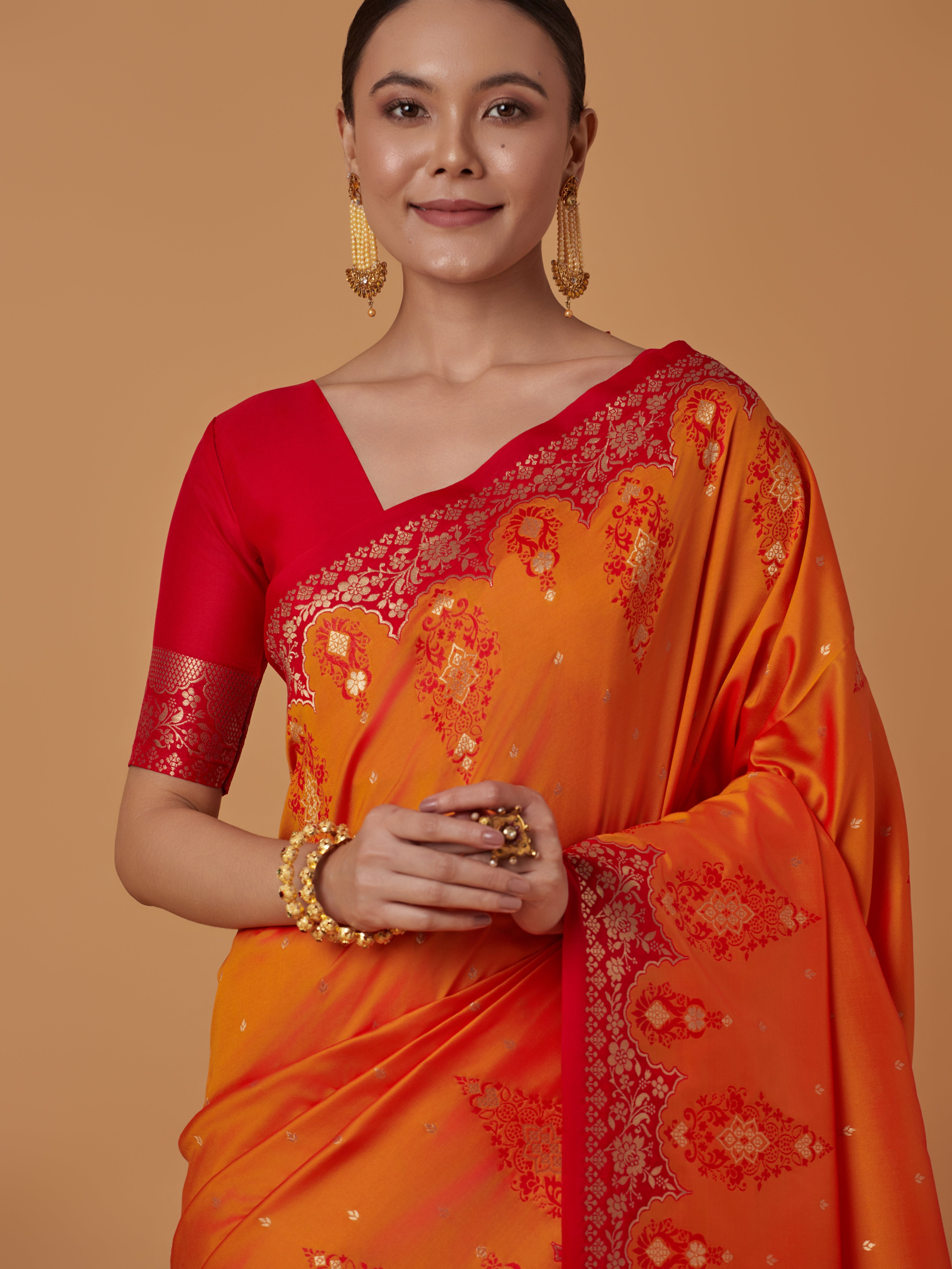 Orange Banarasi Silk Blend Zari Woven Contemporary Saree