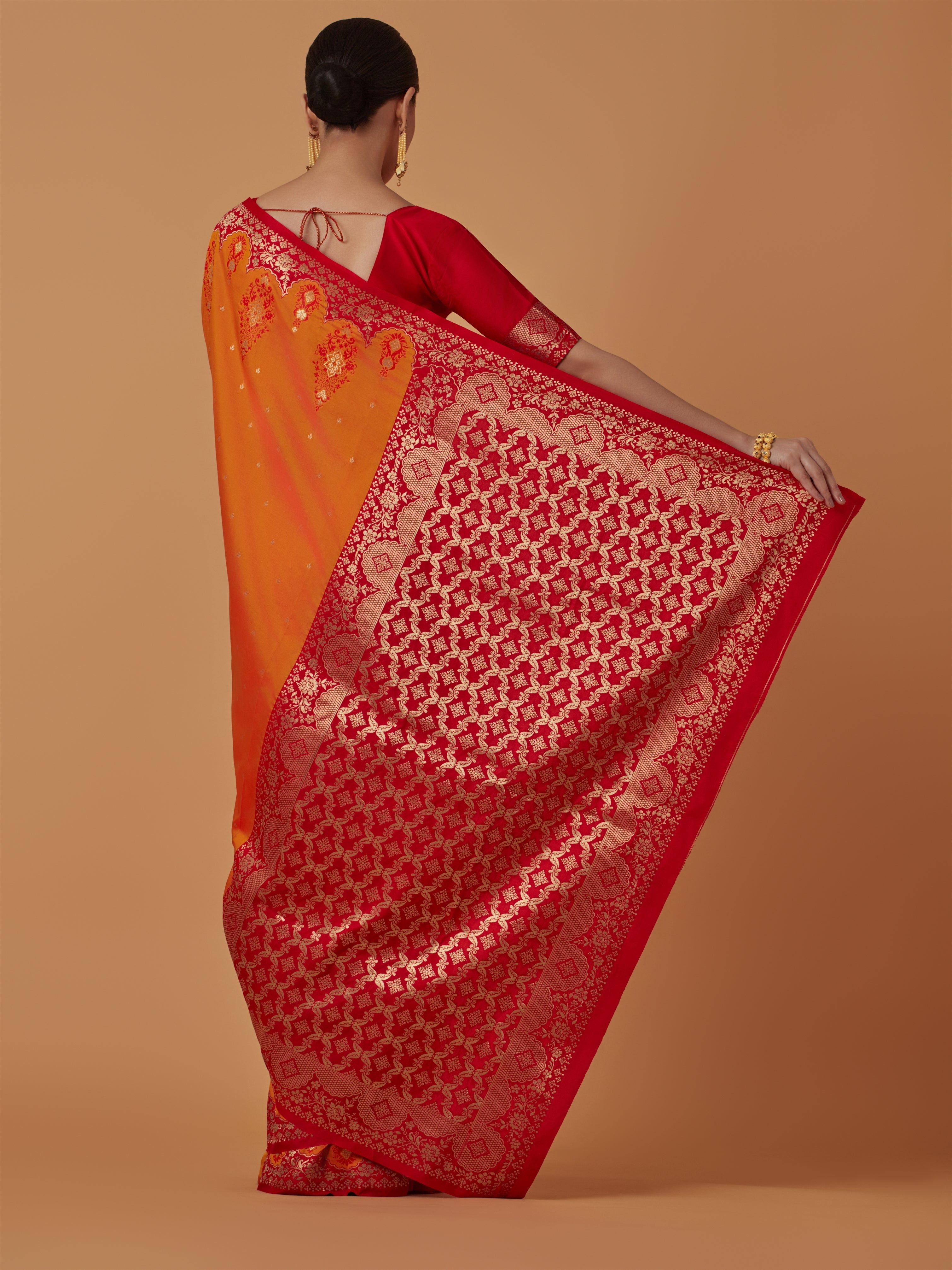 Orange Banarasi Silk Blend Zari Woven Contemporary Saree