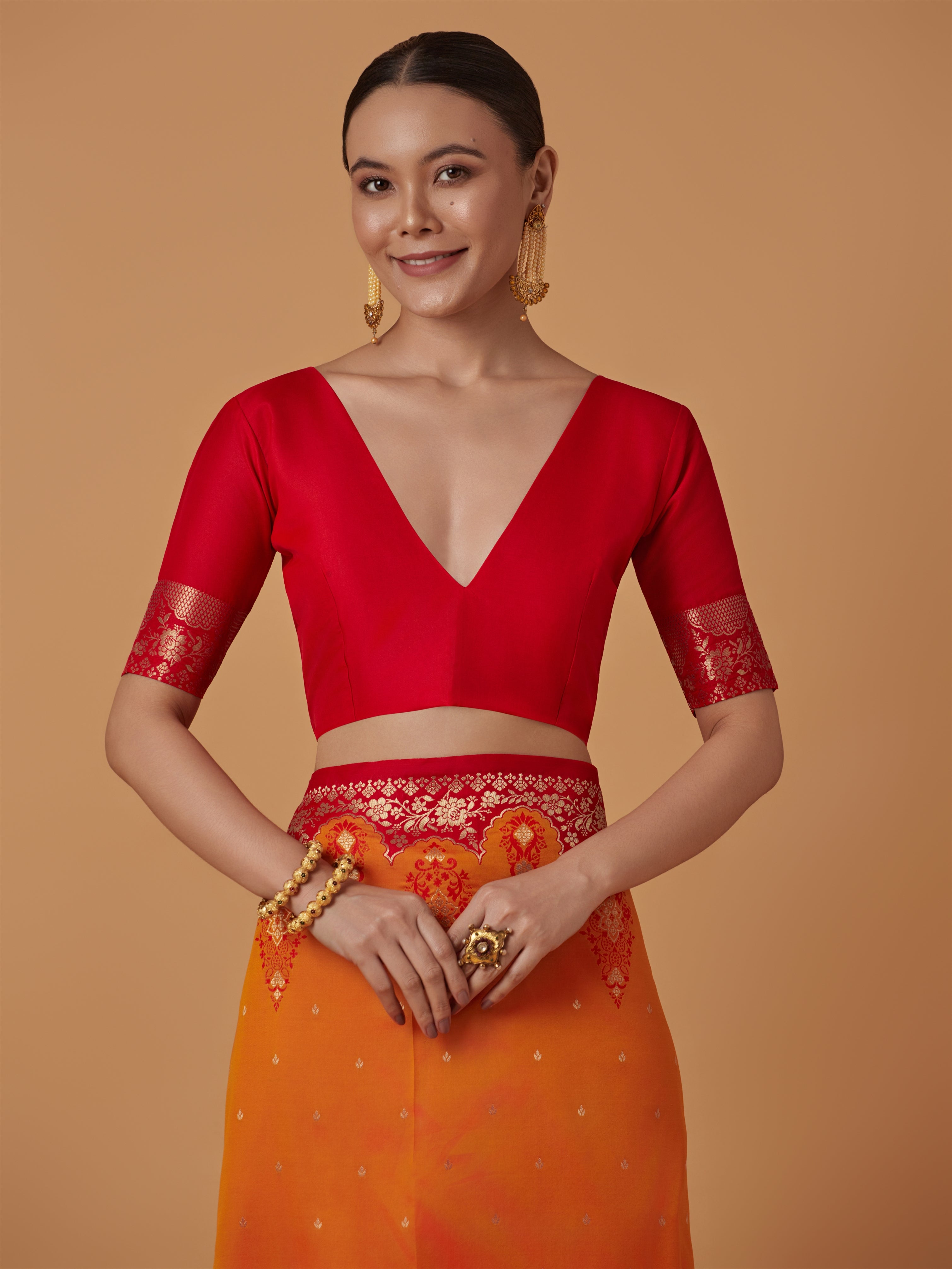 Orange Banarasi Silk Blend Zari Woven Contemporary Saree