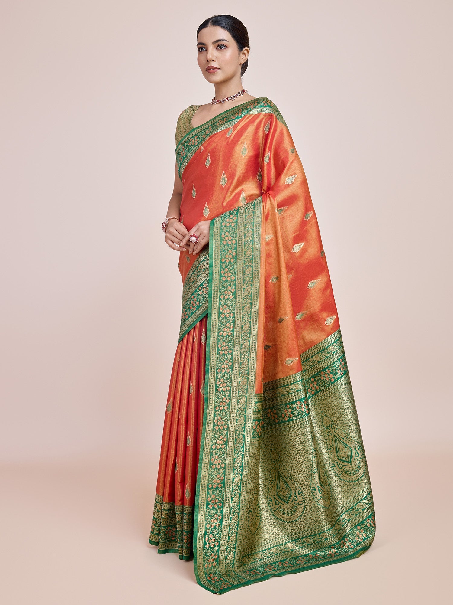 Orange Banarasi Tissue Silk Reception Wear Saree