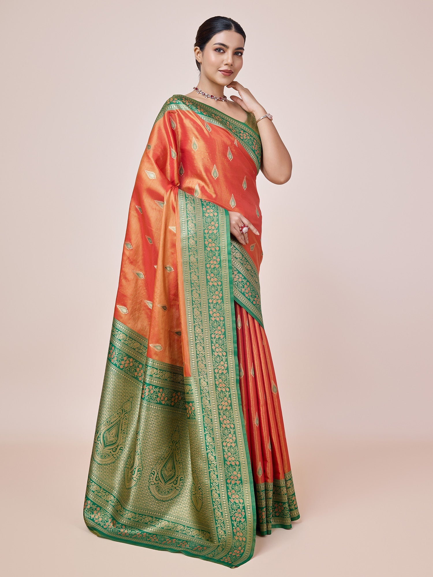 Orange Banarasi Tissue Silk Reception Wear Saree