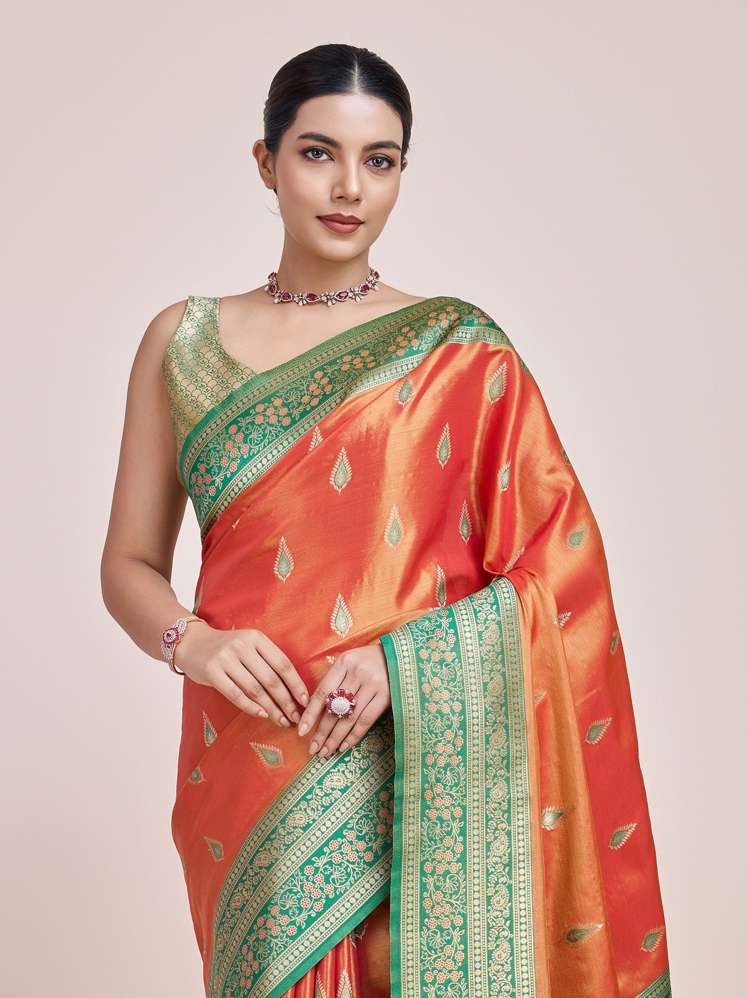 Orange Banarasi Tissue Silk Reception Wear Saree