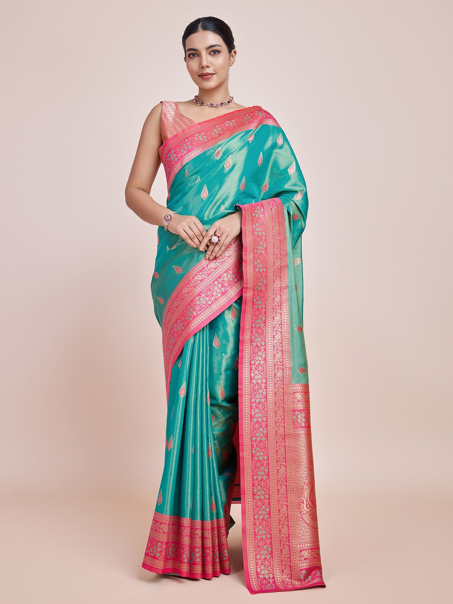 Turquoise Banarasi Tissue Silk  Weaving Wedding Saree