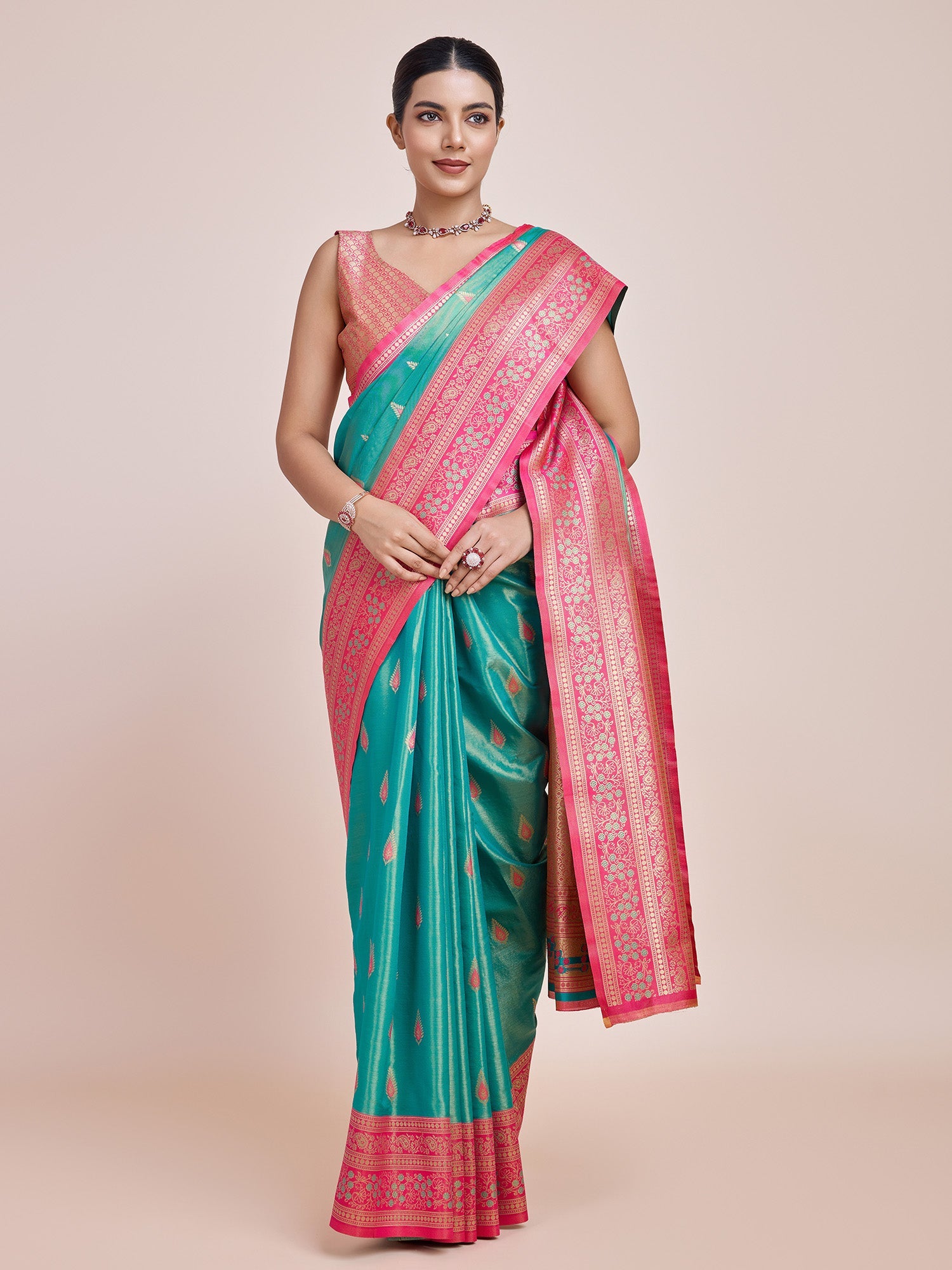 Turquoise Banarasi Tissue Silk  Weaving Wedding Saree