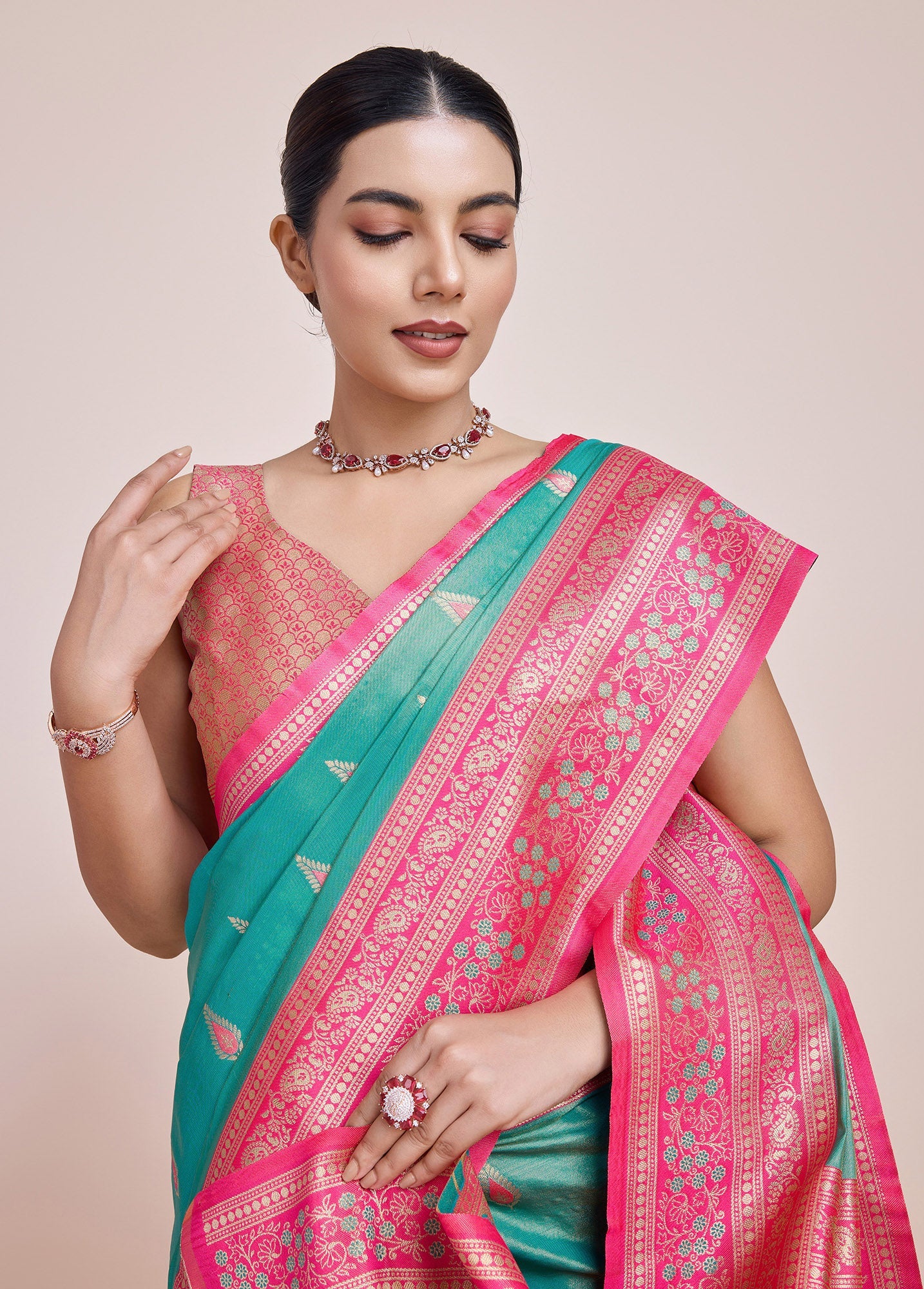 Turquoise Banarasi Tissue Silk  Weaving Wedding Saree