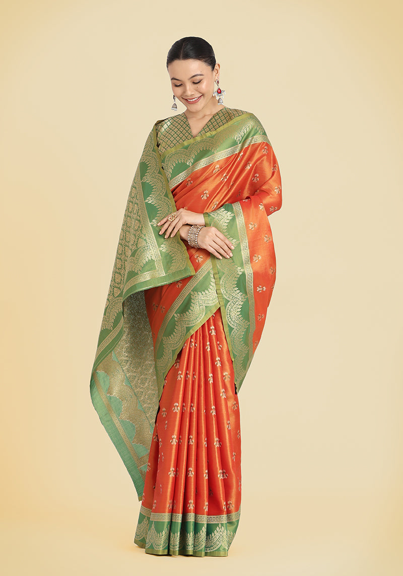 Orange Banarasi Weaving Tissue Silk Indian Wear Saree
