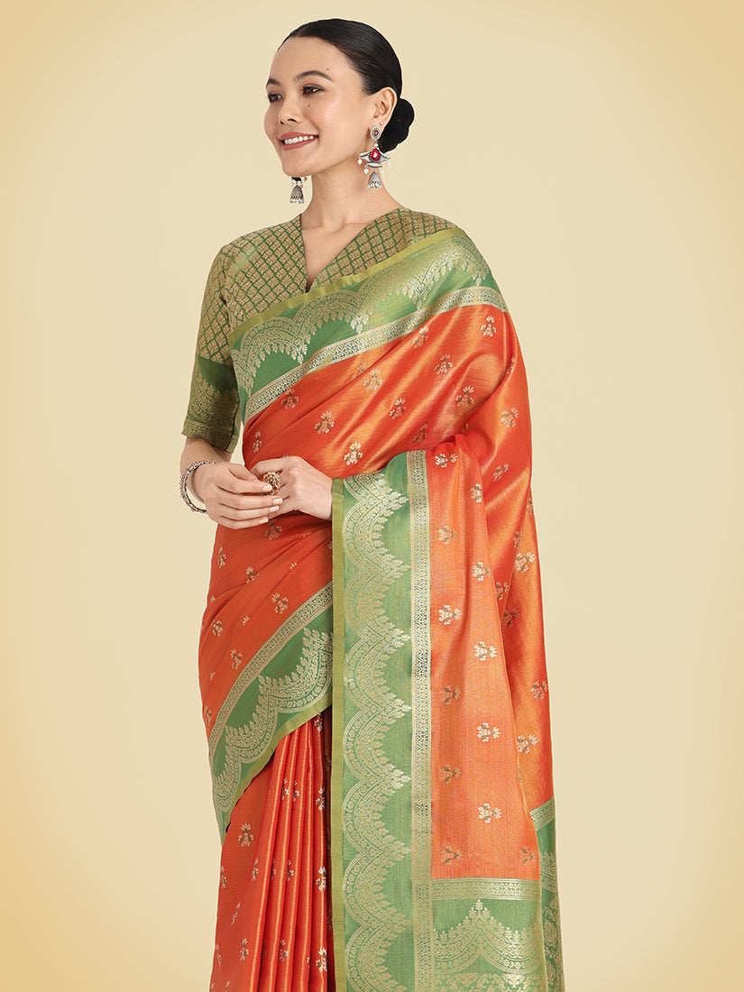 Orange Banarasi Weaving Tissue Silk Indian Wear Saree