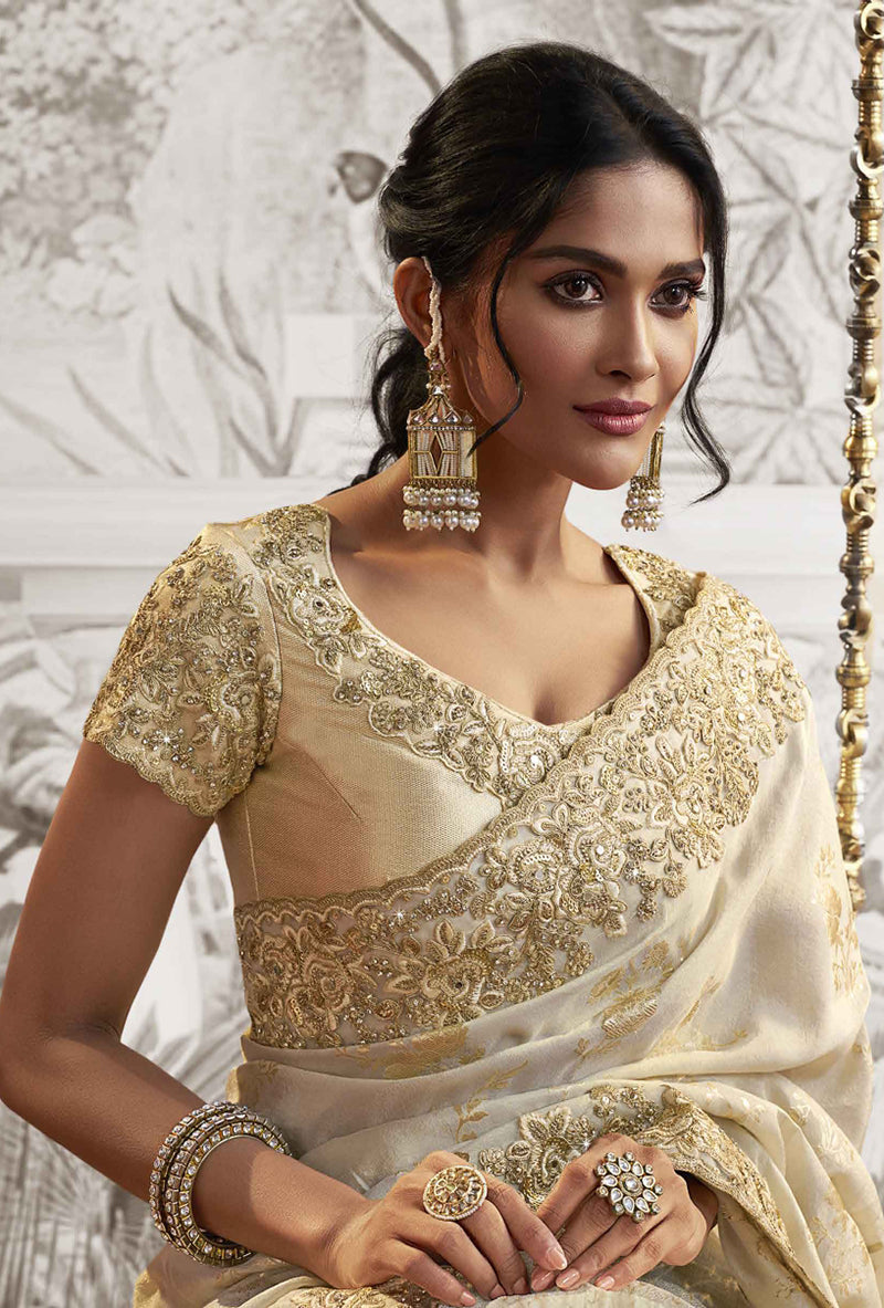 Beige Georgette Zari Embroidered Saree