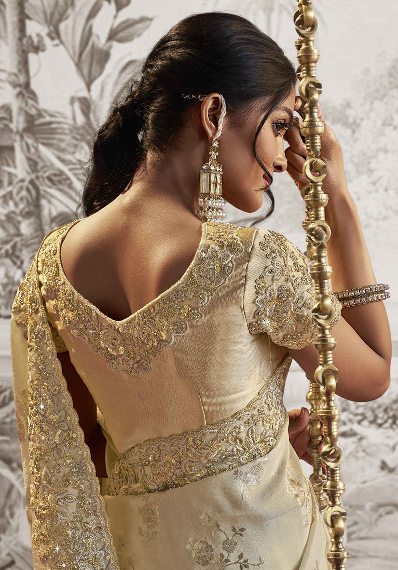 Beige Georgette Zari Embroidered Saree
