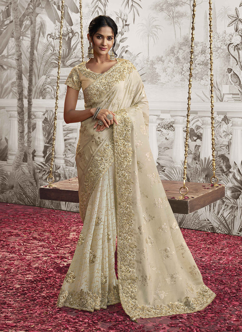 Beige Georgette Zari Embroidered Saree