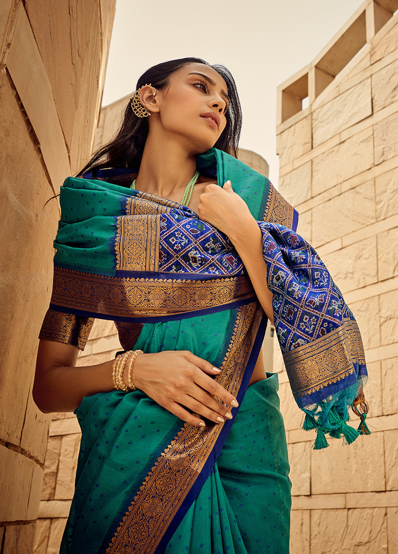 Teal Zari Woven Silk Saree with Patola Pallu
