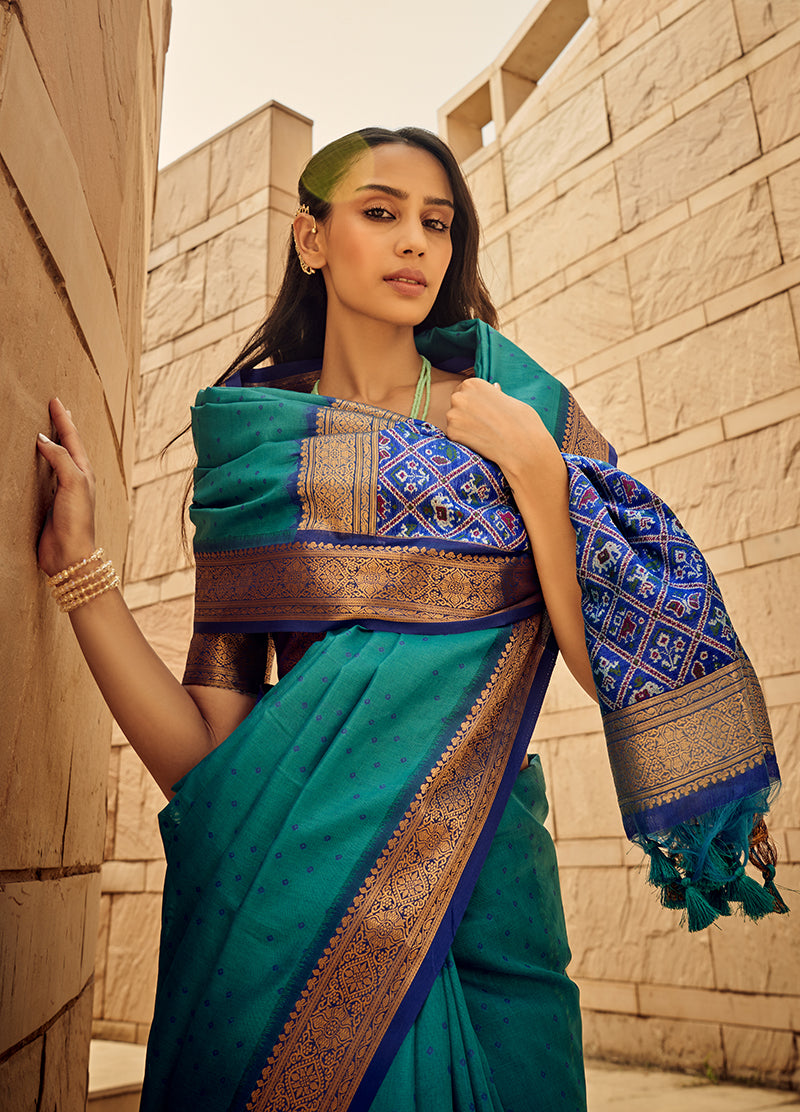 Teal Zari Woven Silk Saree with Patola Pallu
