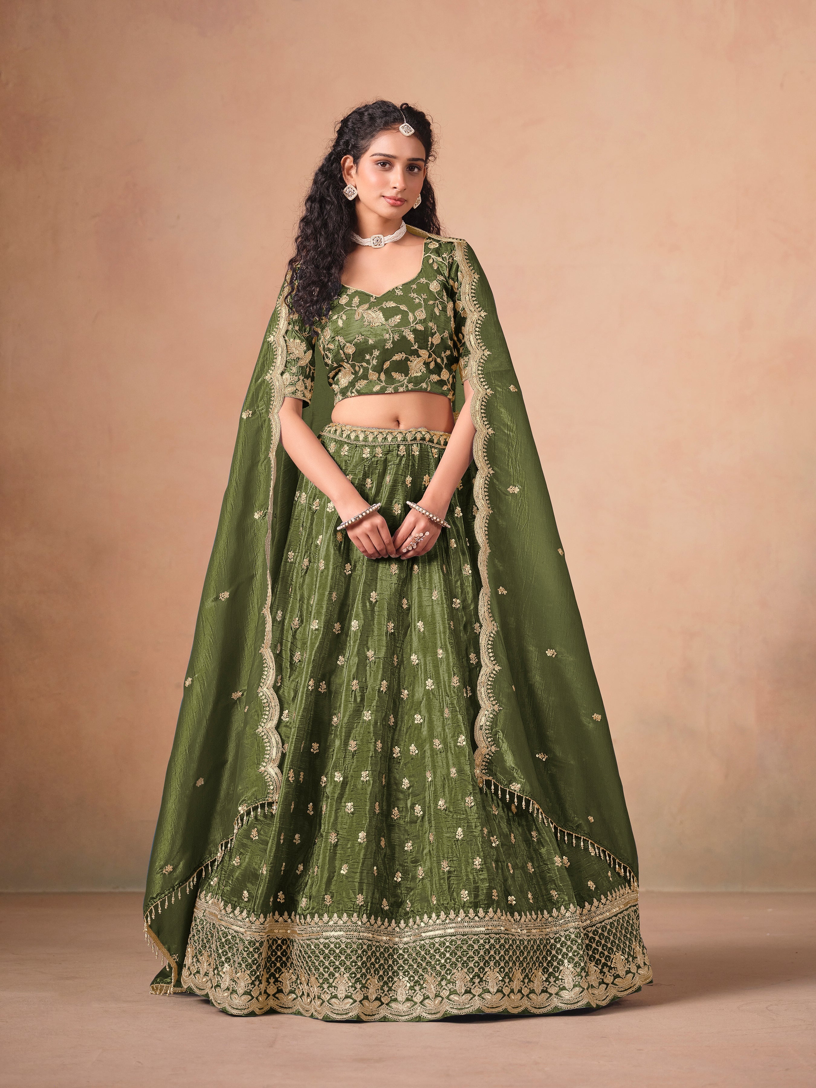 Organza Embroidered Olive Green Designer Long Lehenga Choli