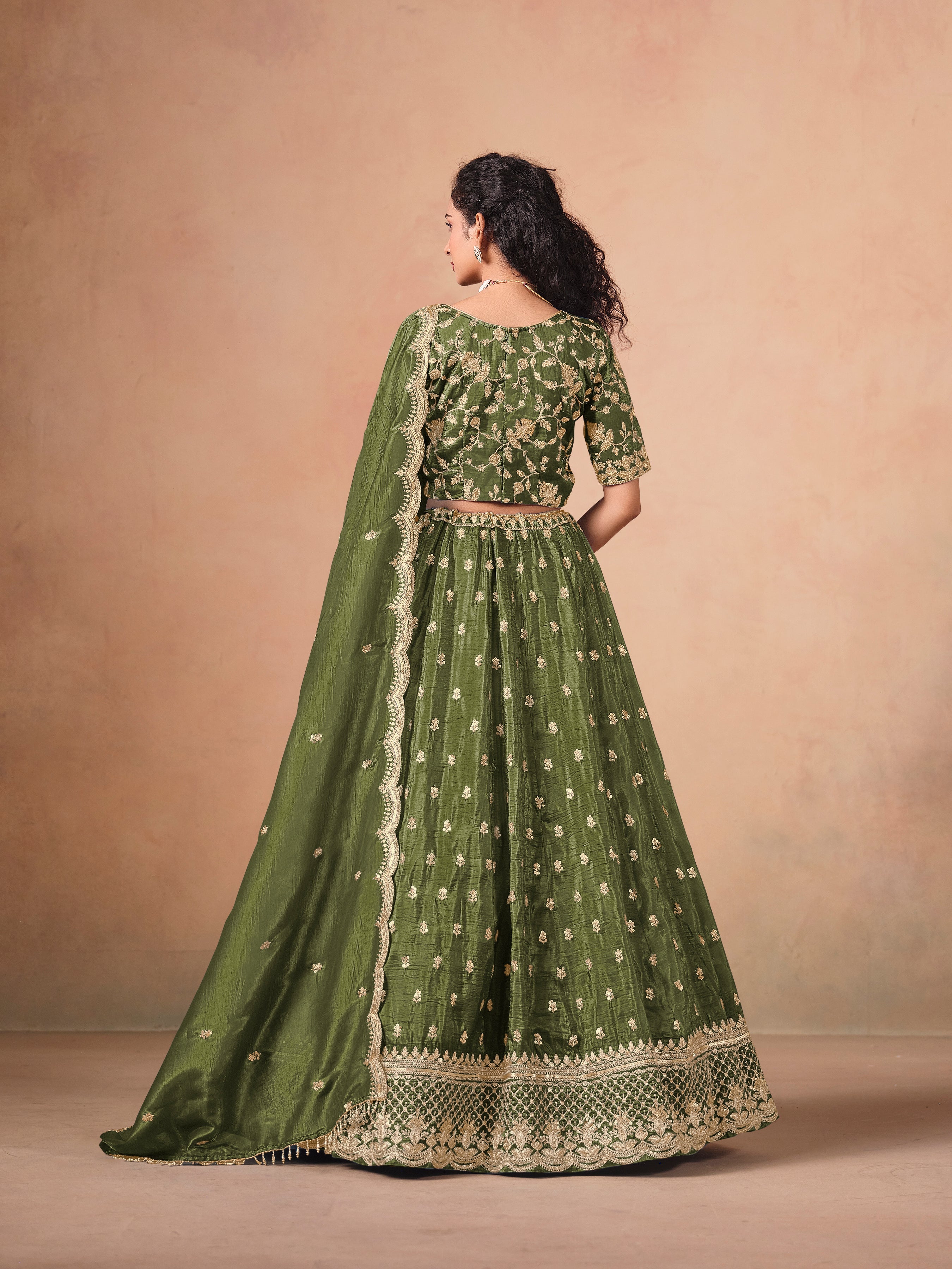 Organza Embroidered Olive Green Designer Long Lehenga Choli