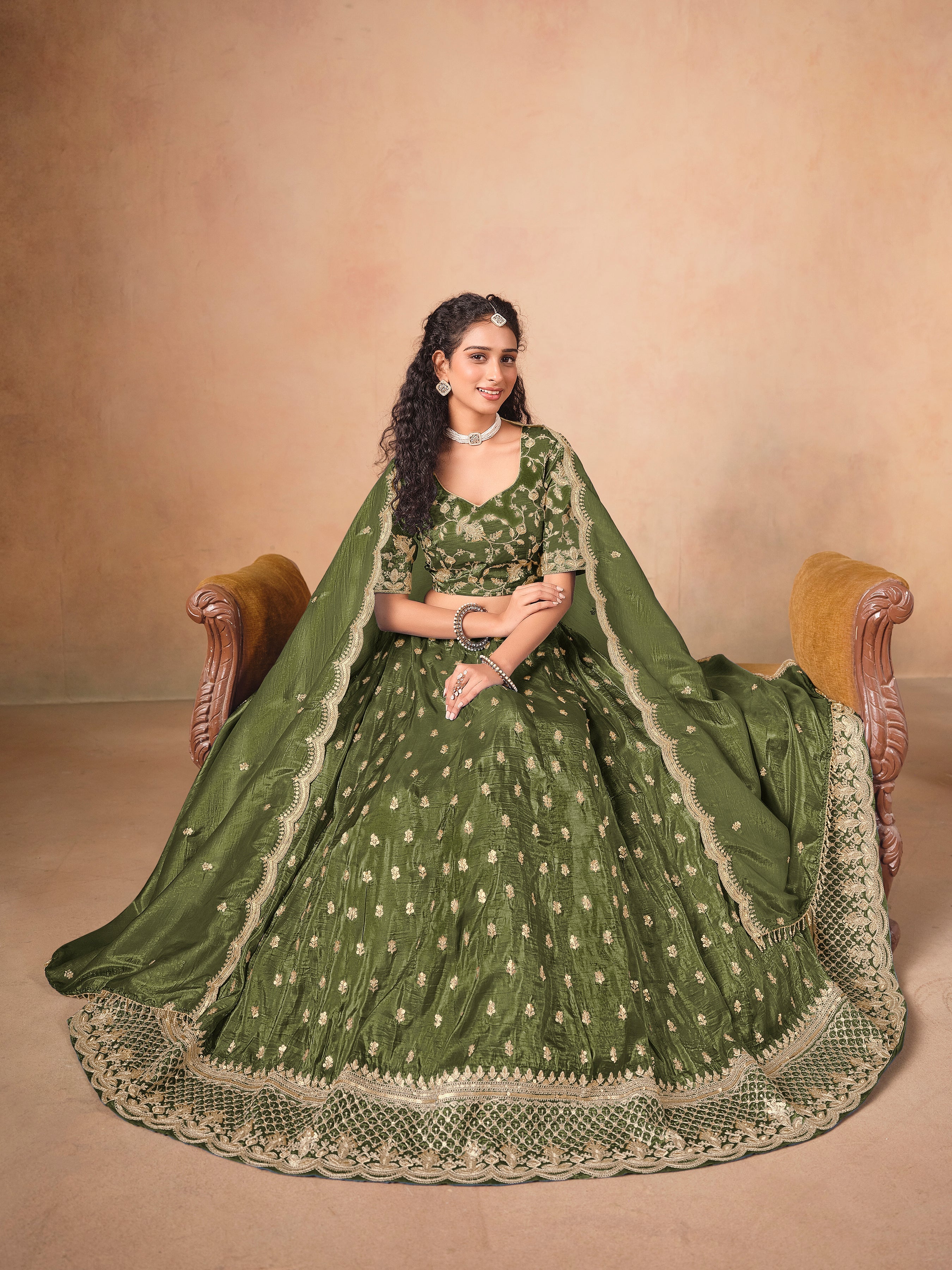 Organza Embroidered Olive Green Designer Long Lehenga Choli