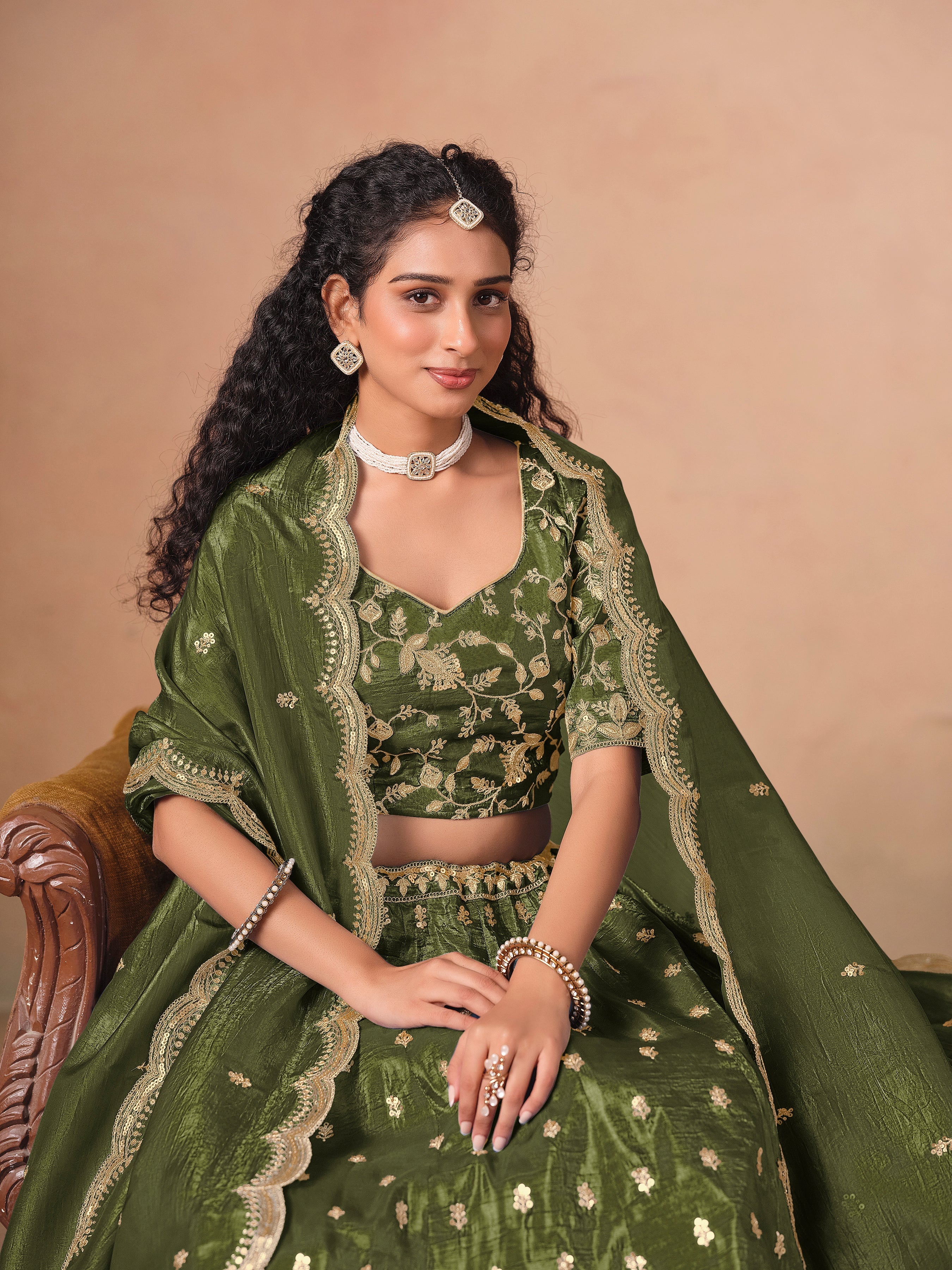 Organza Embroidered Olive Green Designer Long Lehenga Choli