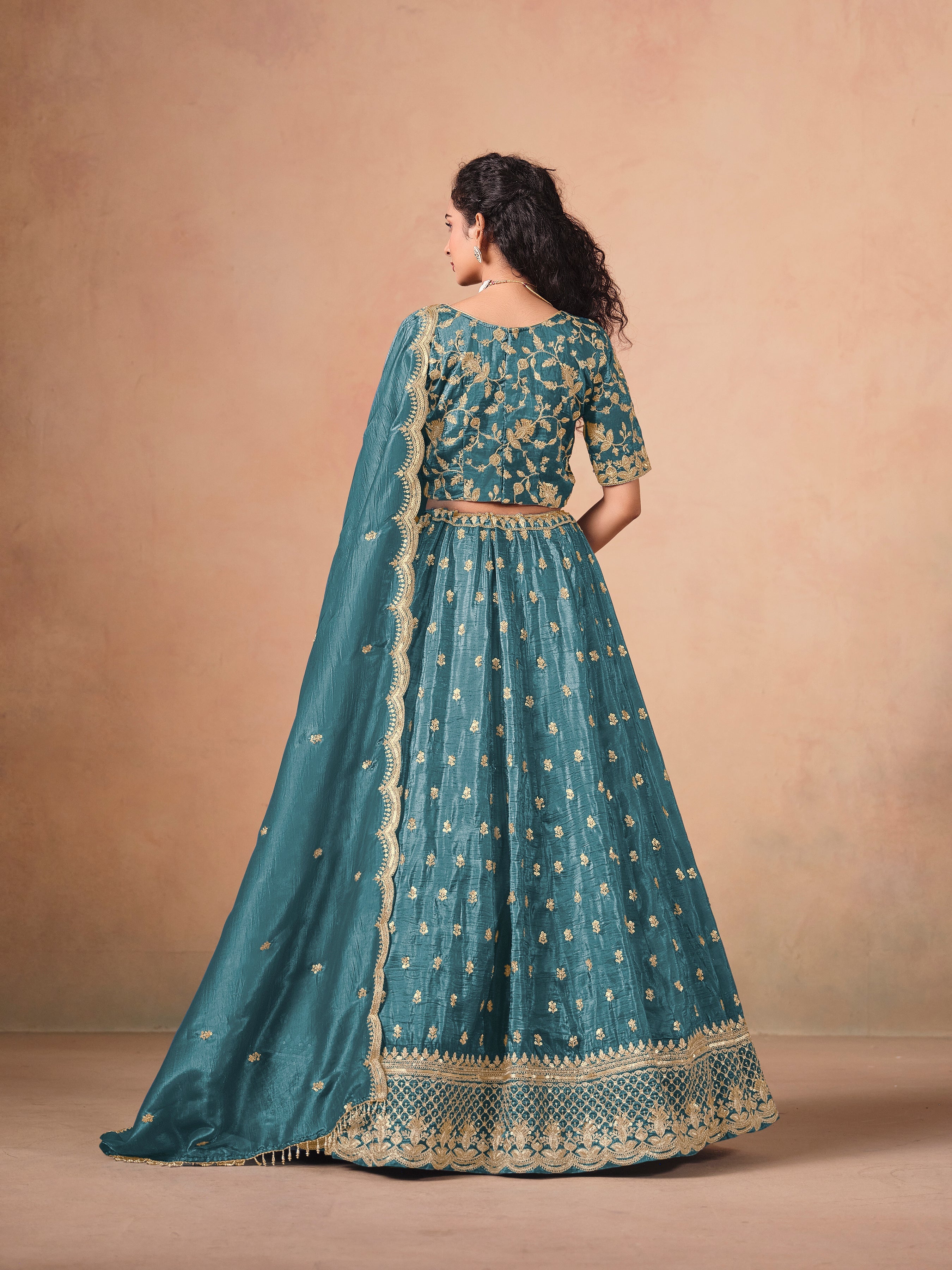 Organza Embroidered Teal blue Designer Long Lehenga Choli