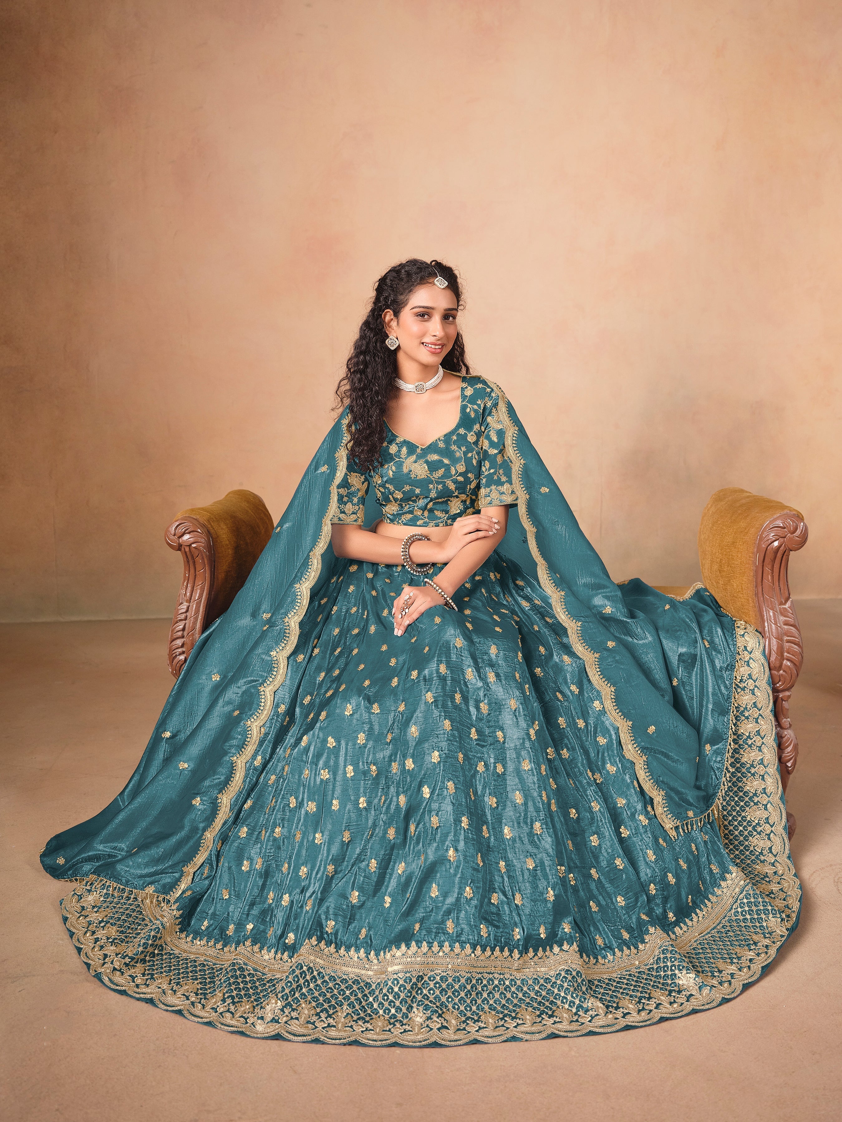 Organza Embroidered Teal blue Designer Long Lehenga Choli