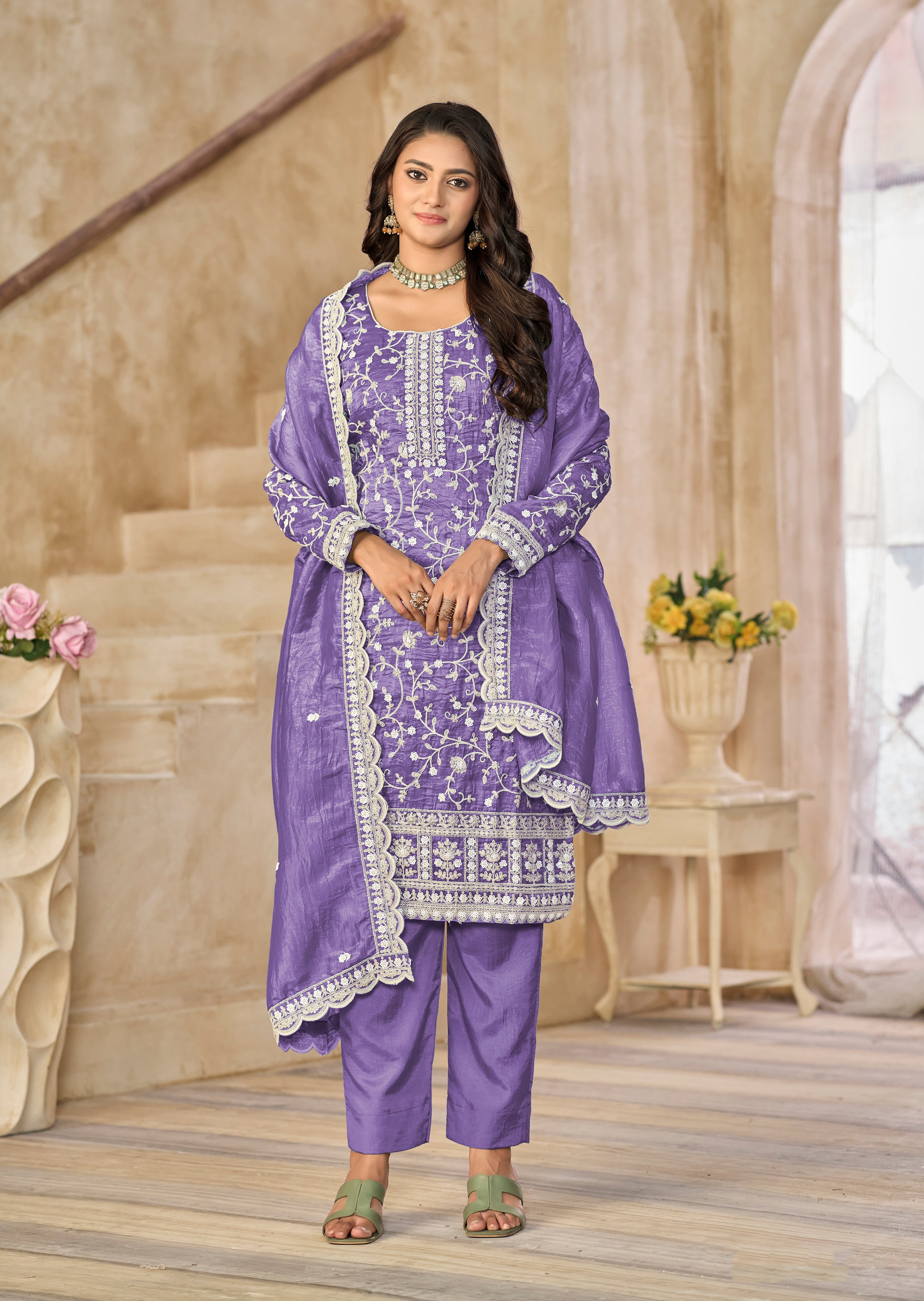 Organza Gold Crush Sequins Lavender Purple Designer Salwar Kameez