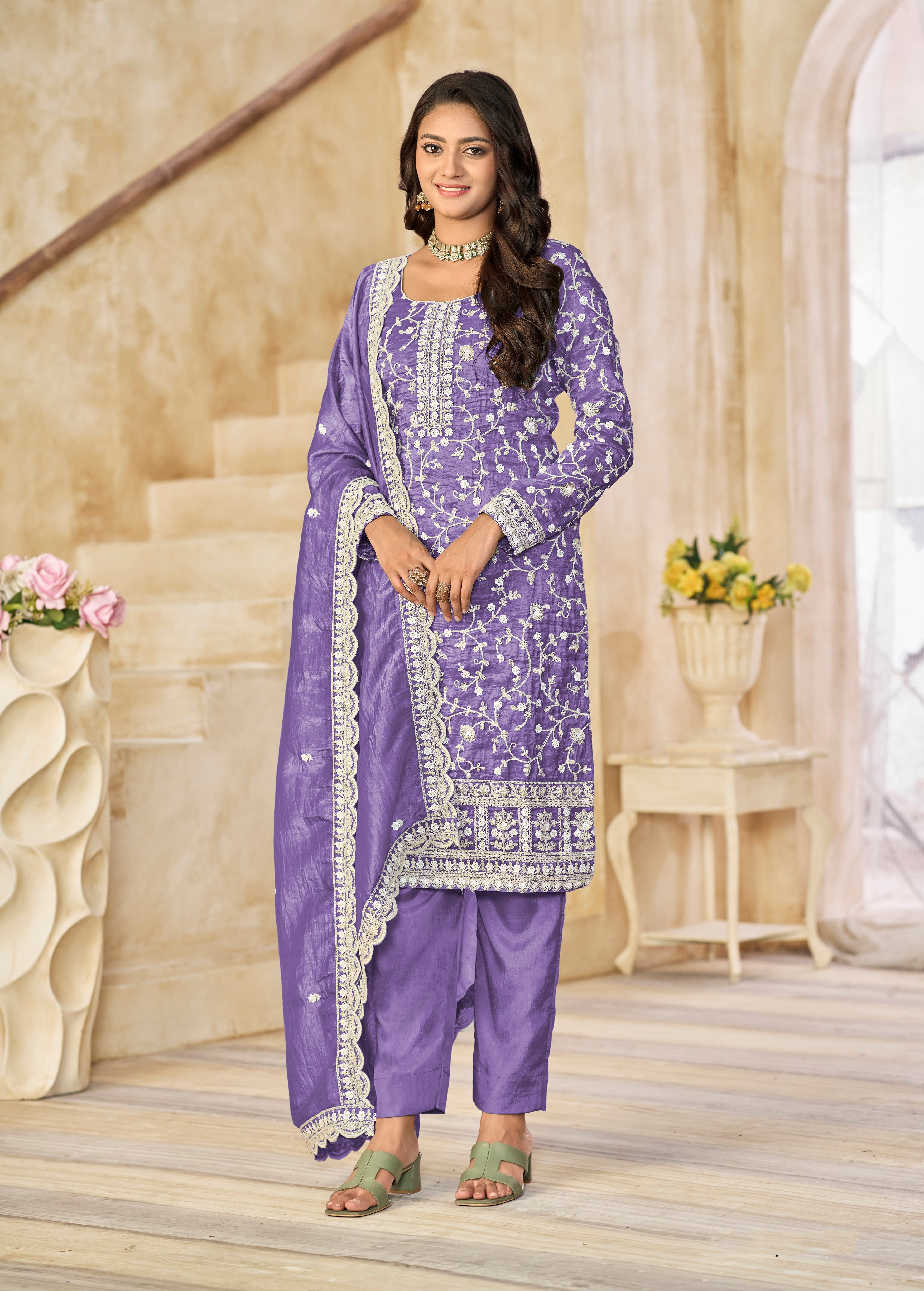 Organza Gold Crush Sequins Lavender Purple Designer Salwar Kameez