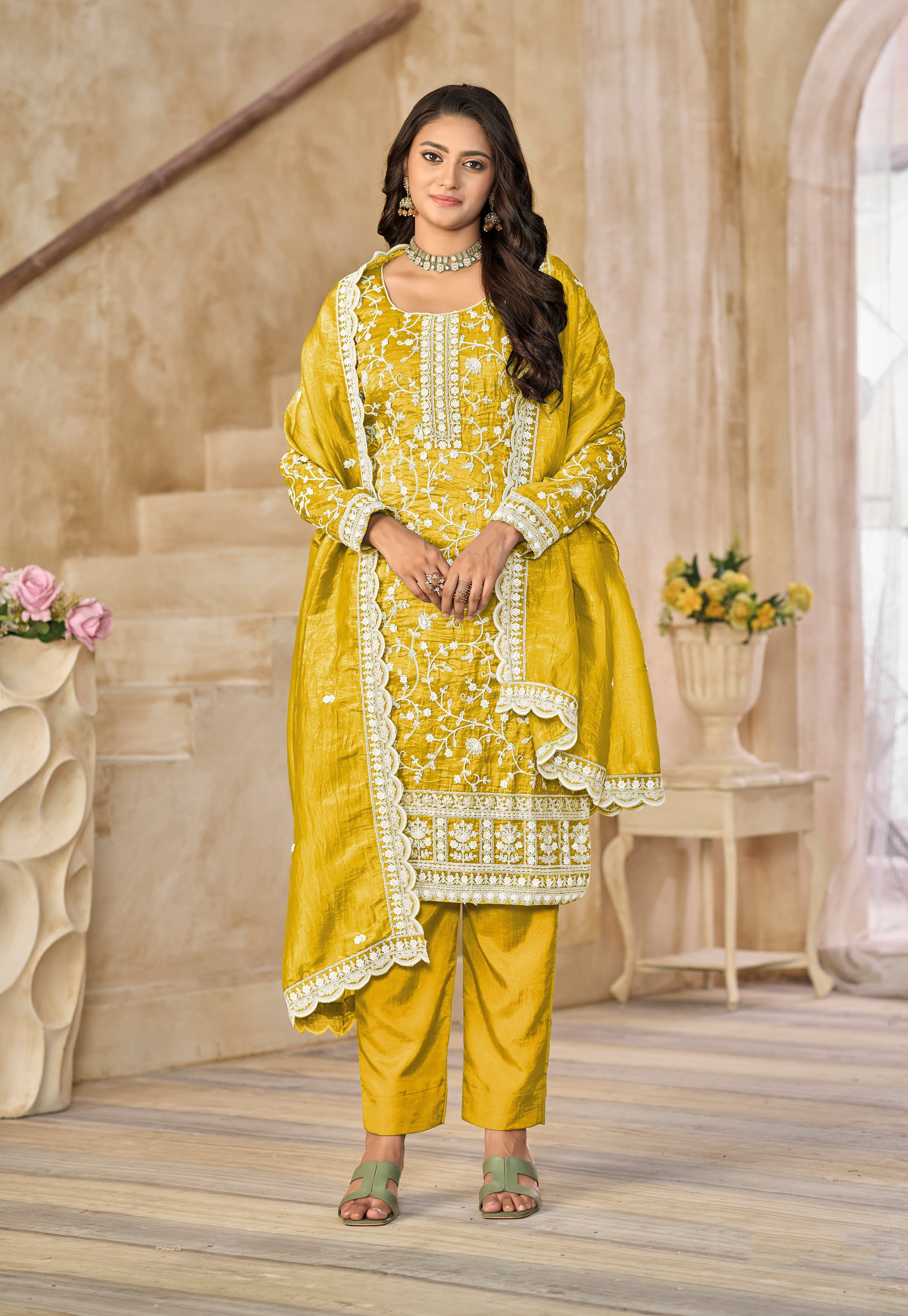 Organza Gold Crush Sequins Mustard Designer Salwar Kameez