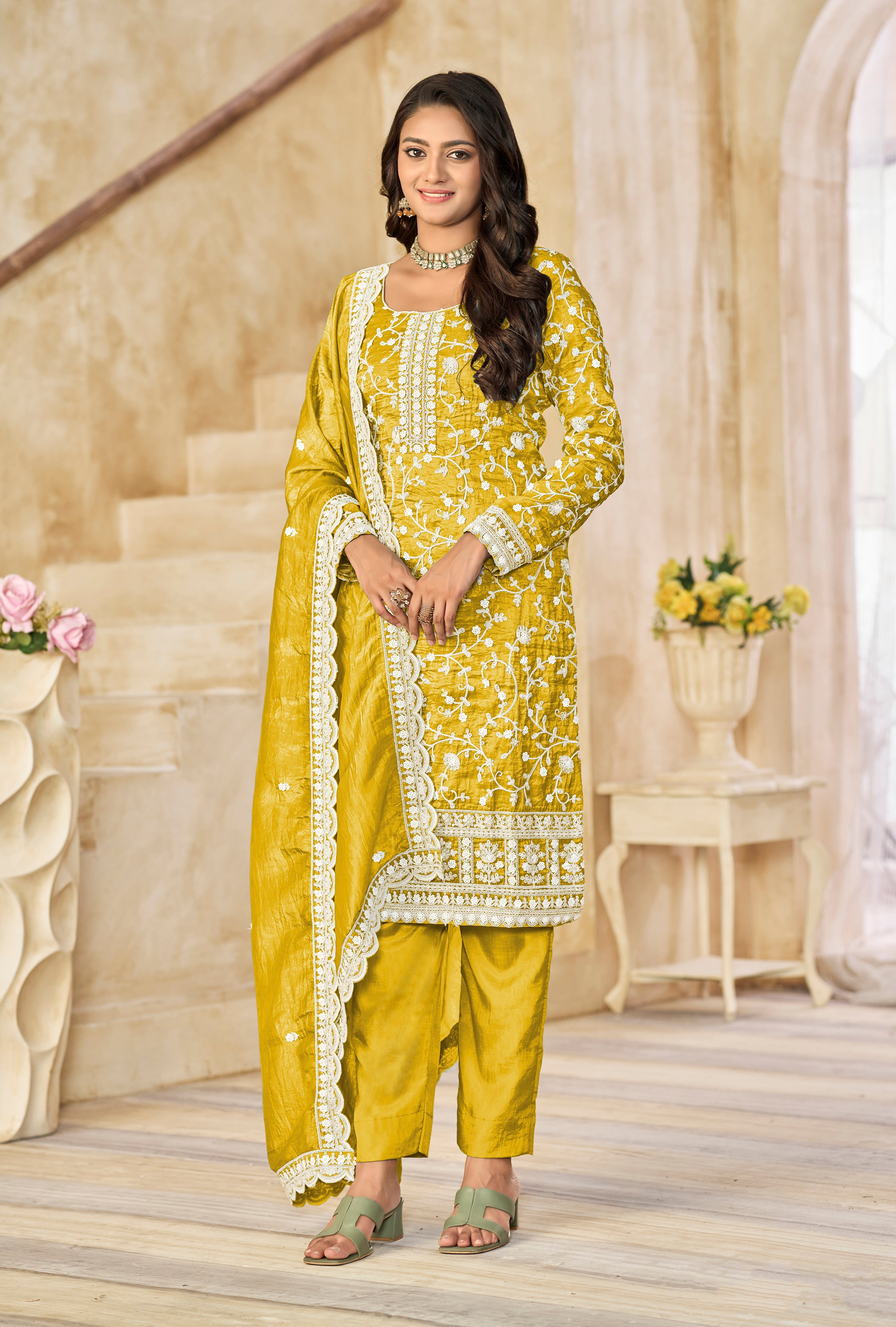 Organza Gold Crush Sequins Mustard Designer Salwar Kameez
